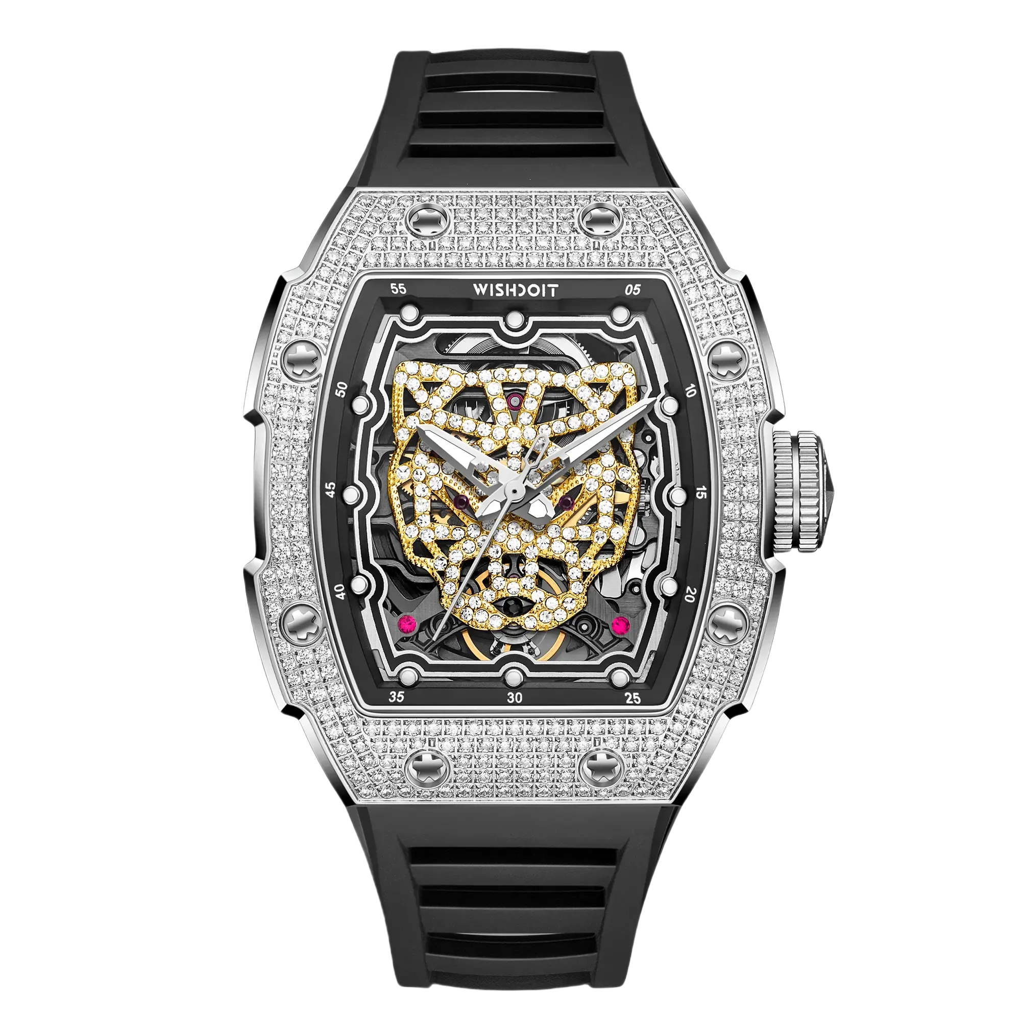 Wishdoit Watches Tonneau Luxury Automatic Mechanical Gold Snow Leopard Watch | Fluorine Rubber Watch Strap| Silvery