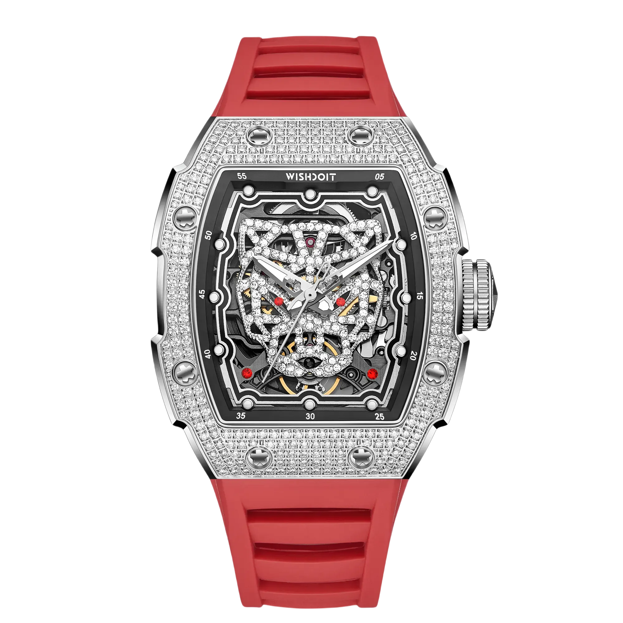Wishdoit Watches Tonneau Luxury Automatic Mechanical Snow Leopard Watch | Fluorine Rubber Watch Strap|Silvery(Red Strap)