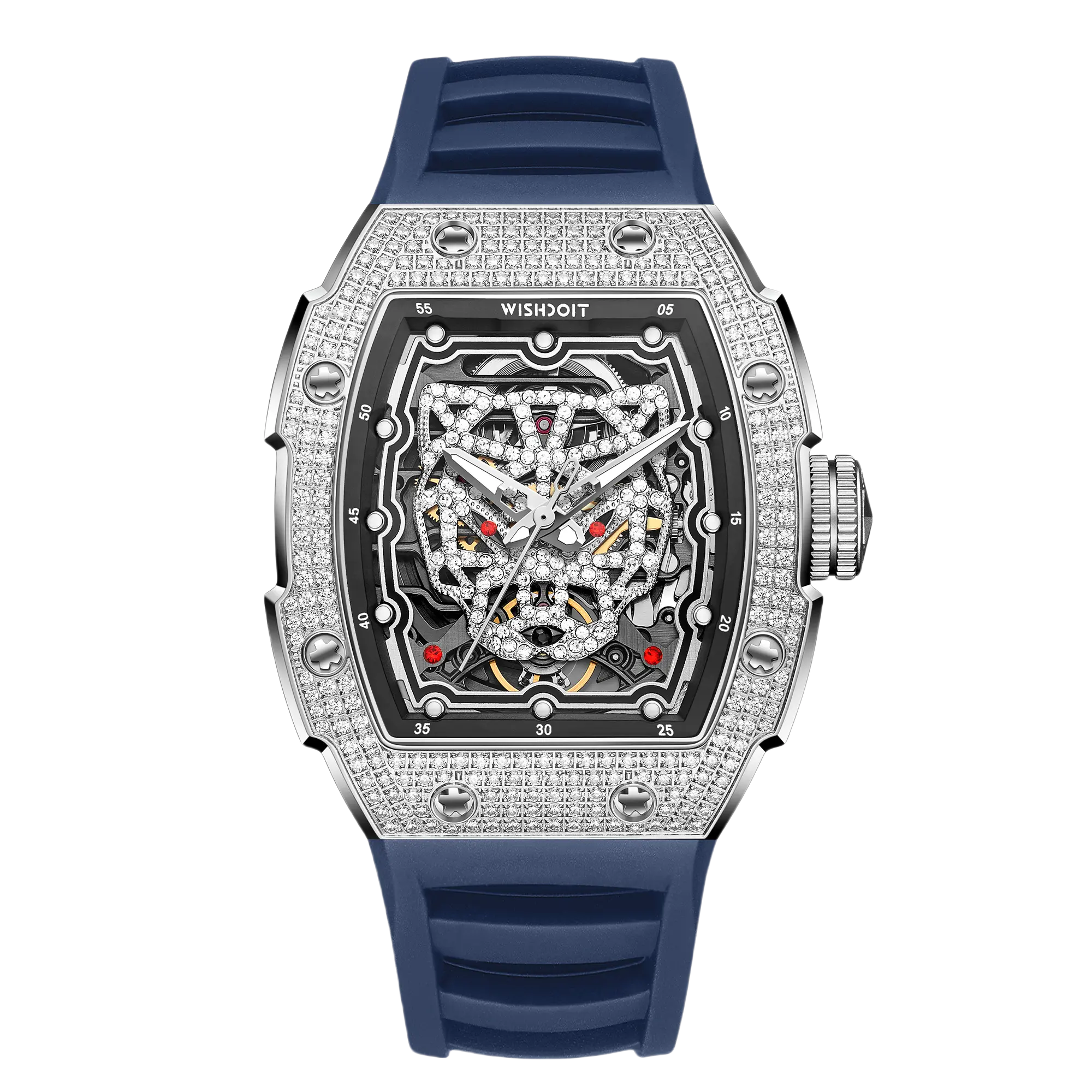 Wishdoit Watches Tonneau Luxury Automatic Mechanical Snow Leopard Watch | Fluorine Rubber Watch Strap|Silvery(Blue Strap)