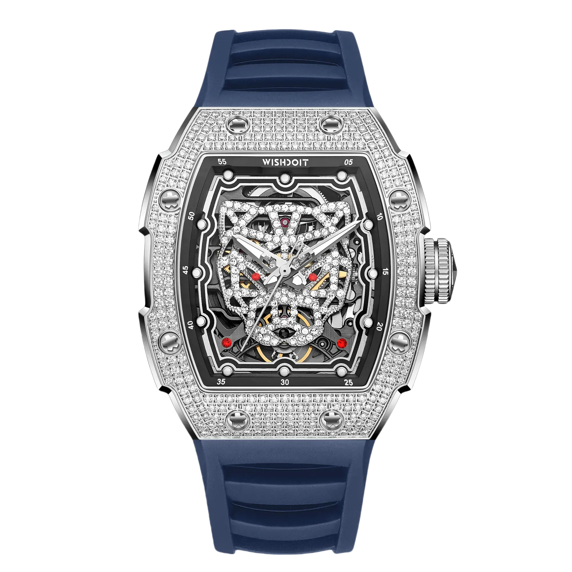 Wishdoit Watches Tonneau Luxury Automatic Mechanical Snow Leopard Watch | Fluorine Rubber Watch Strap|Silvery(Blue Strap)