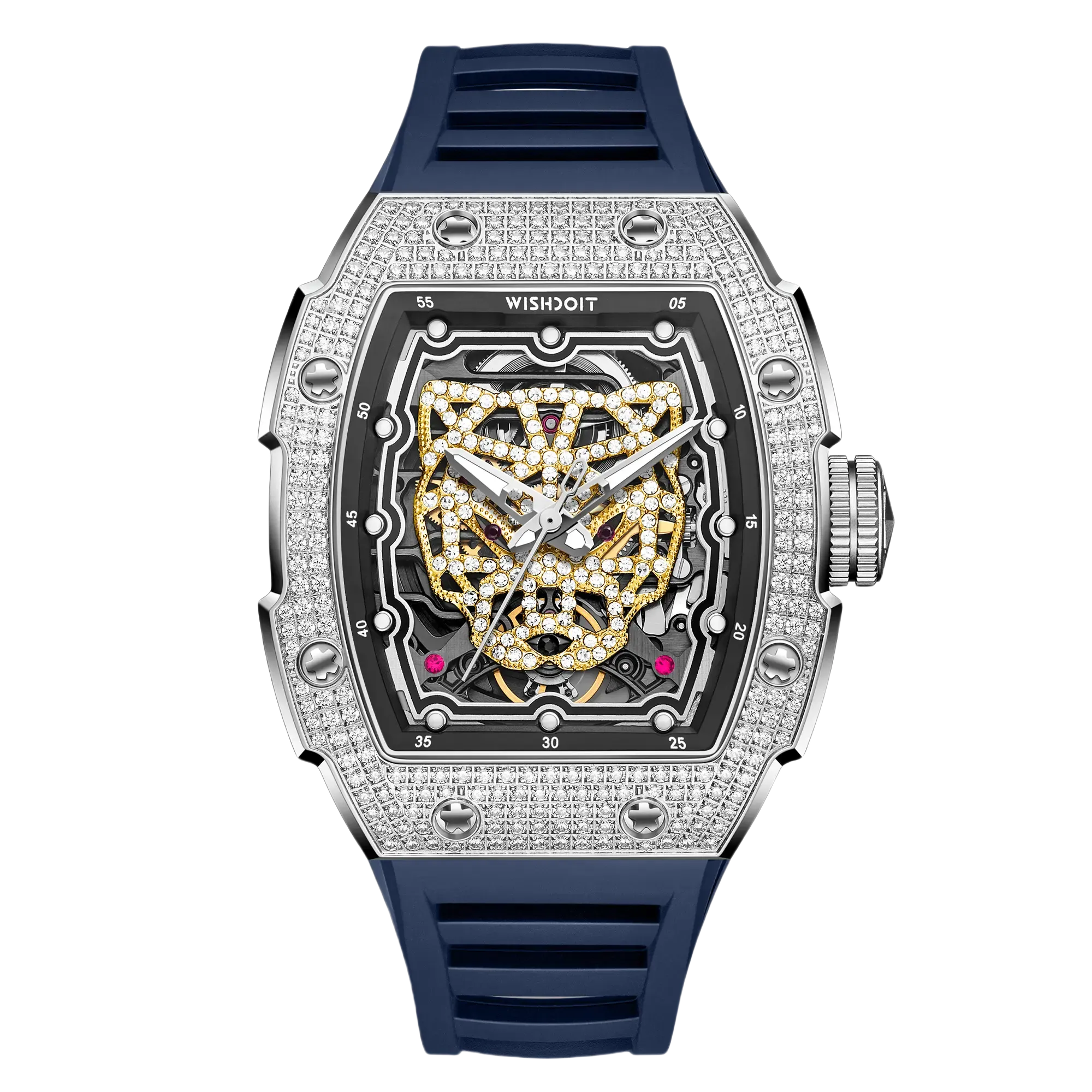 Wishdoit Watches Tonneau Luxury Automatic Mechanical Gold Snow Leopard Watch | Fluorine Rubber Watch Strap| Silvery (Blue Strap)