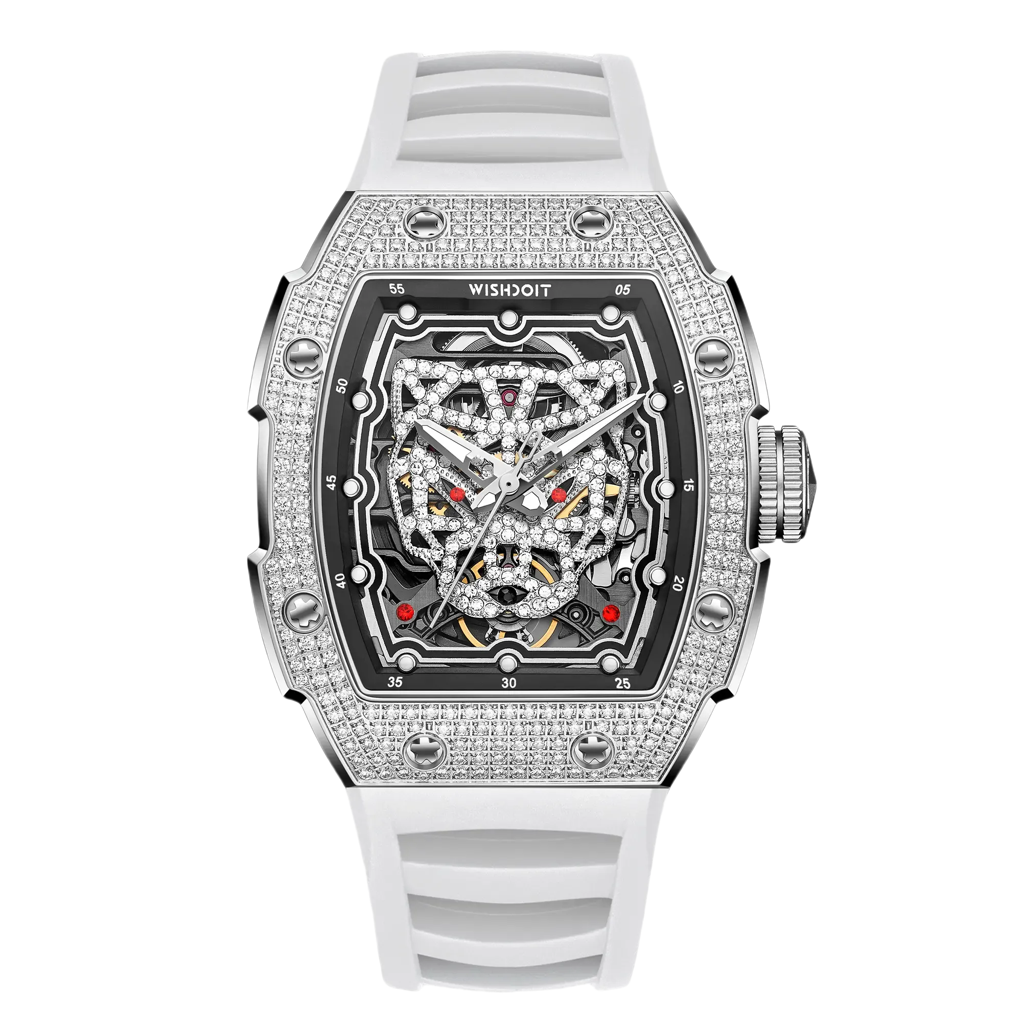 Wishdoit Watches Tonneau Luxury Automatic Mechanical Snow Leopard Watch | Fluorine Rubber Watch Strap|Silvery(White Strap)
