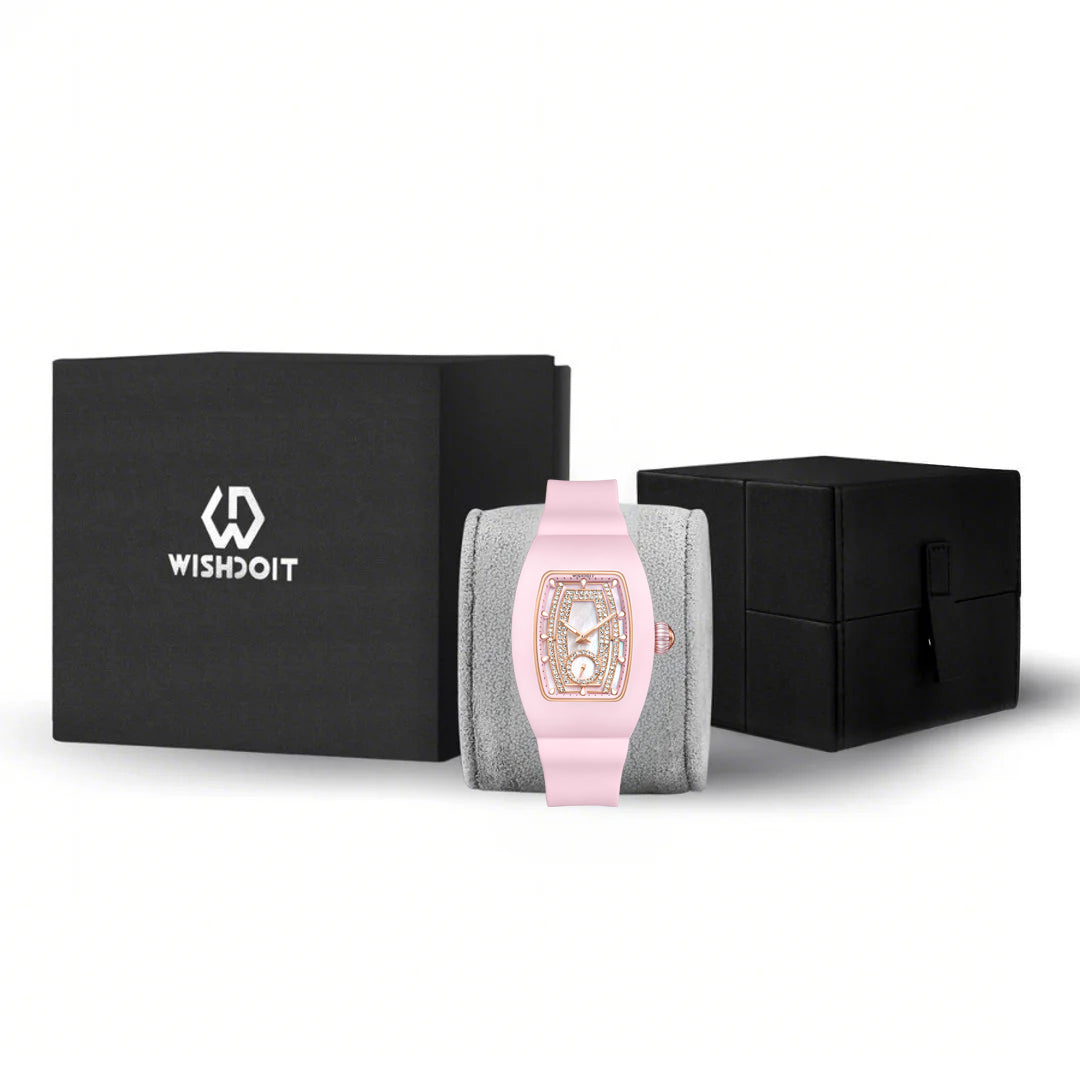 Wishdoit Watches Tonneau Affordable Best Women Chronograph l Shellstone Women's Ceramic Watches| Fluorine Rubber Watch Strap|(Pink Strap)