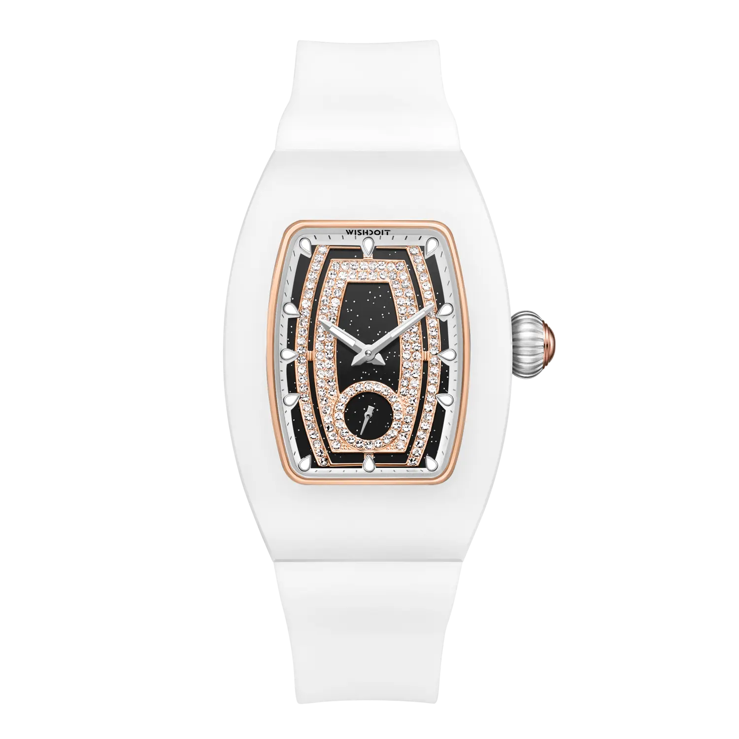 Wishdoit Watches Tonneau Affordable Best Women Chronograph l Shellstone Women's Watches|Starry Dial| Fluorine Rubber Watch Strap|(White Strap)