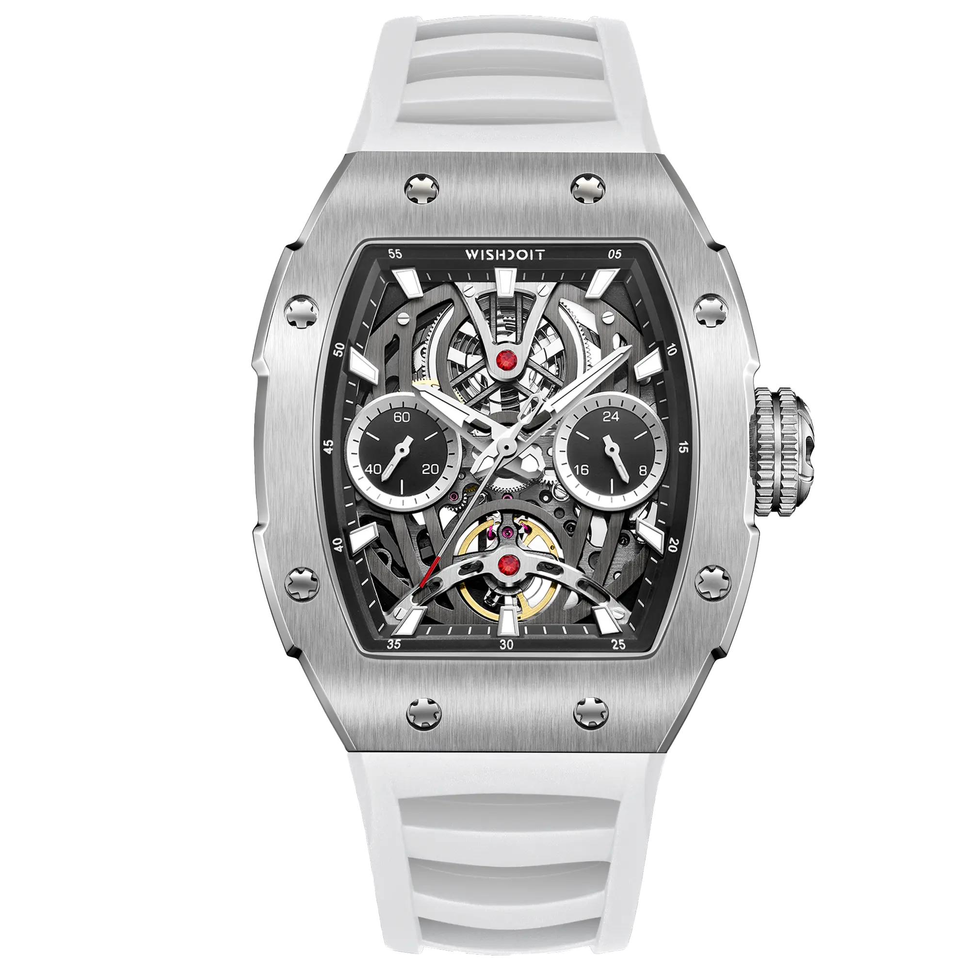 Wishdoit Watches Tonneau Affordable Best Men Mechanical Pioneer Watch | Fluorine Rubber Watch Strap|Silvery(White Strap)