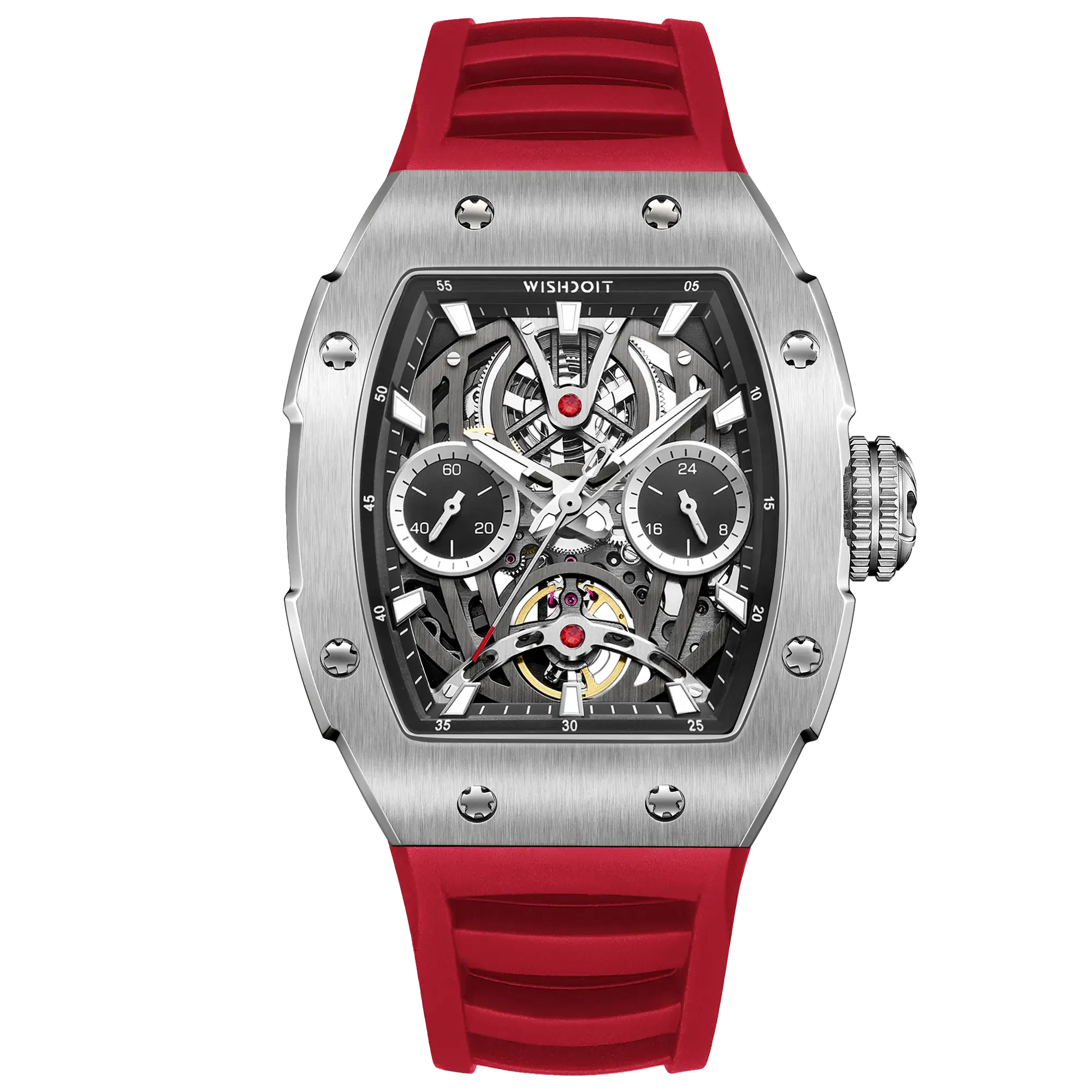 Wishdoit Watches Tonneau Affordable Best Men Mechanical Pioneer Watch | Fluorine Rubber Watch Strap|Silvery (Red Strap)
