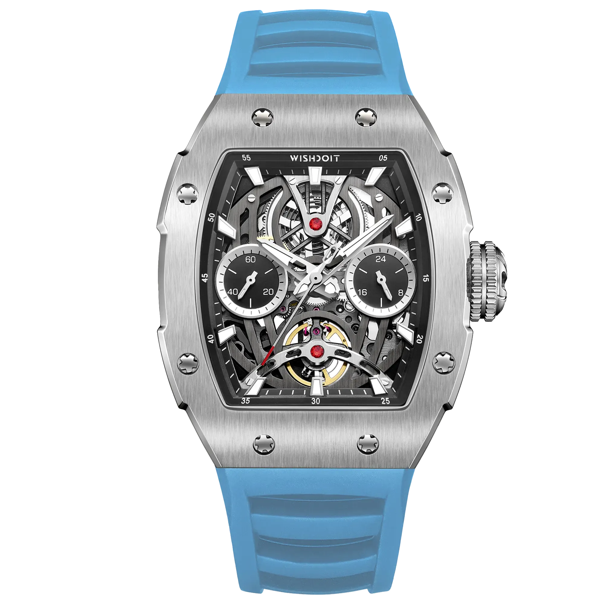 Wishdoit Watches Tonneau Affordable Best Men Mechanical Pioneer Watch | Fluorine Rubber Watch Strap|Silvery (Light Blue Strap)