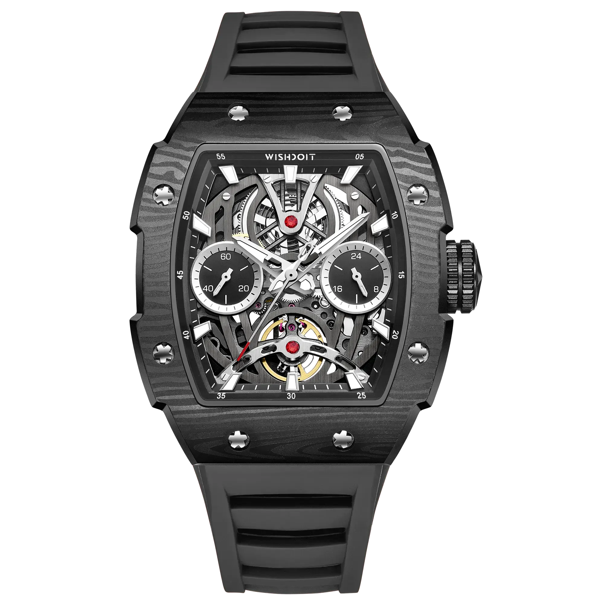 Wishdoit Watches Tonneau Affordable Best Men Mechanical Pioneer Watch | Fluorine Rubber Watch Strap|Black
