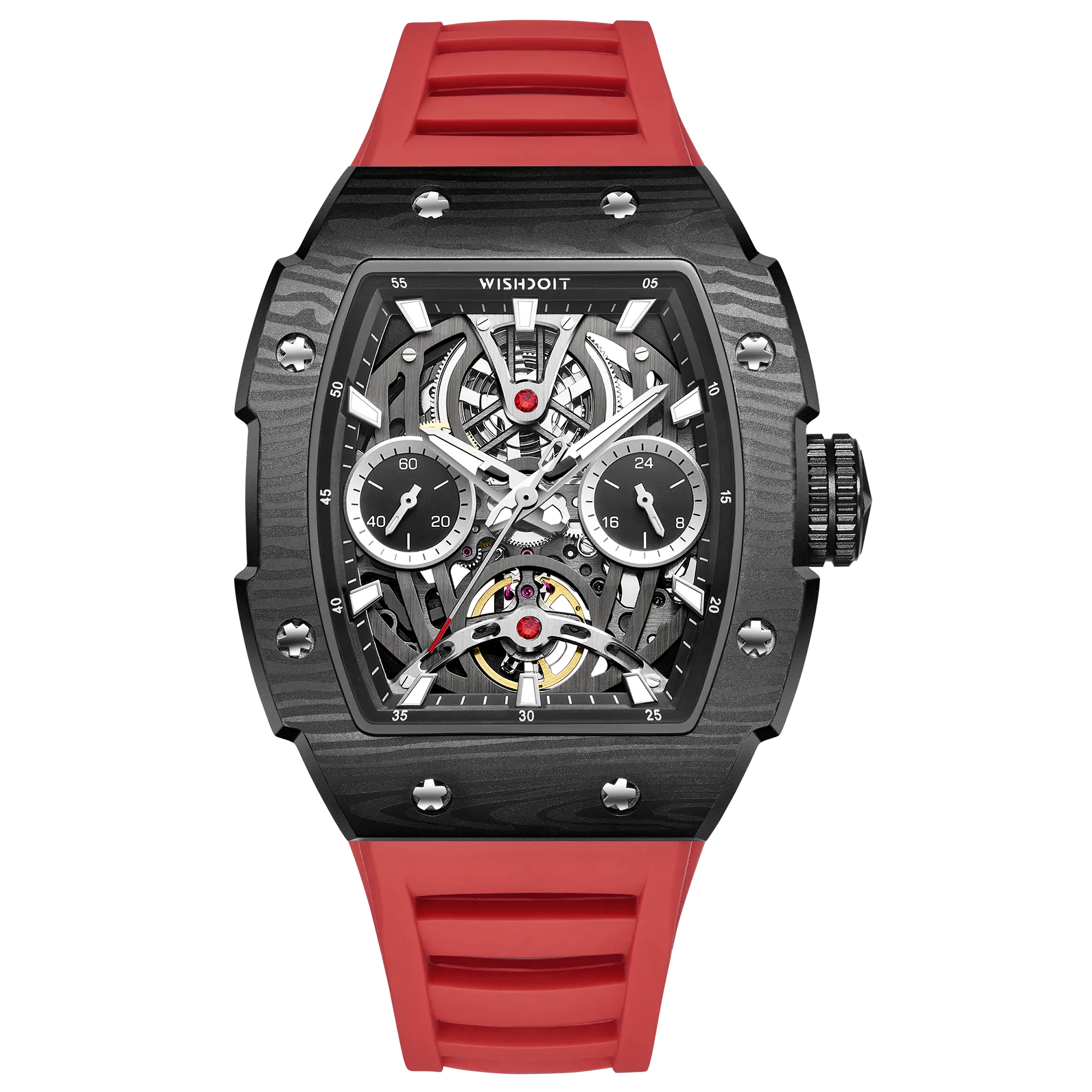 Wishdoit Watches Tonneau Affordable Best Men Mechanical Pioneer Watch | Fluorine Rubber Watch Strap|Black (Red Strap)