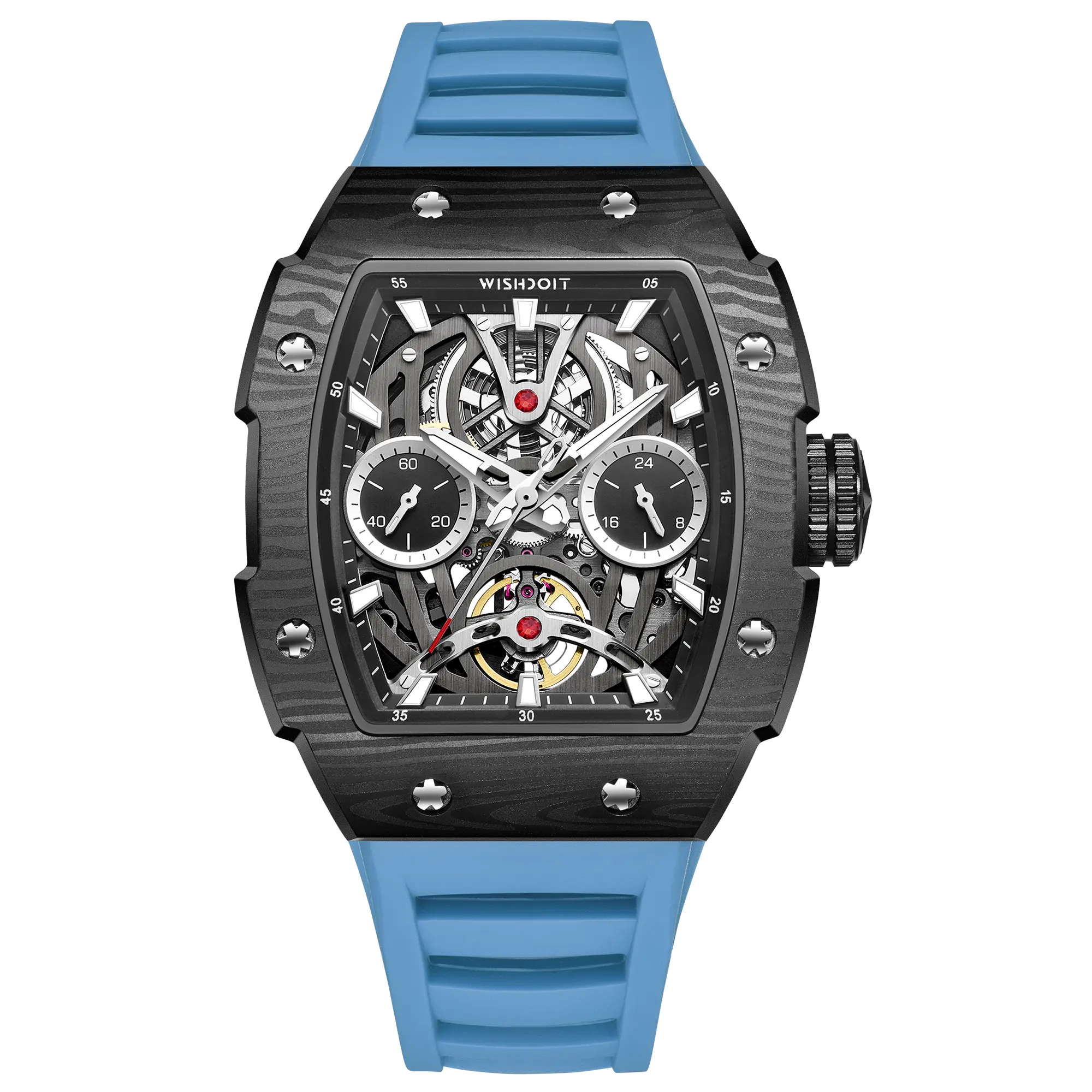 Wishdoit Watches Tonneau Affordable Best Men Mechanical Pioneer Watch | Fluorine Rubber Watch Strap|Black (Light Blue Strap)