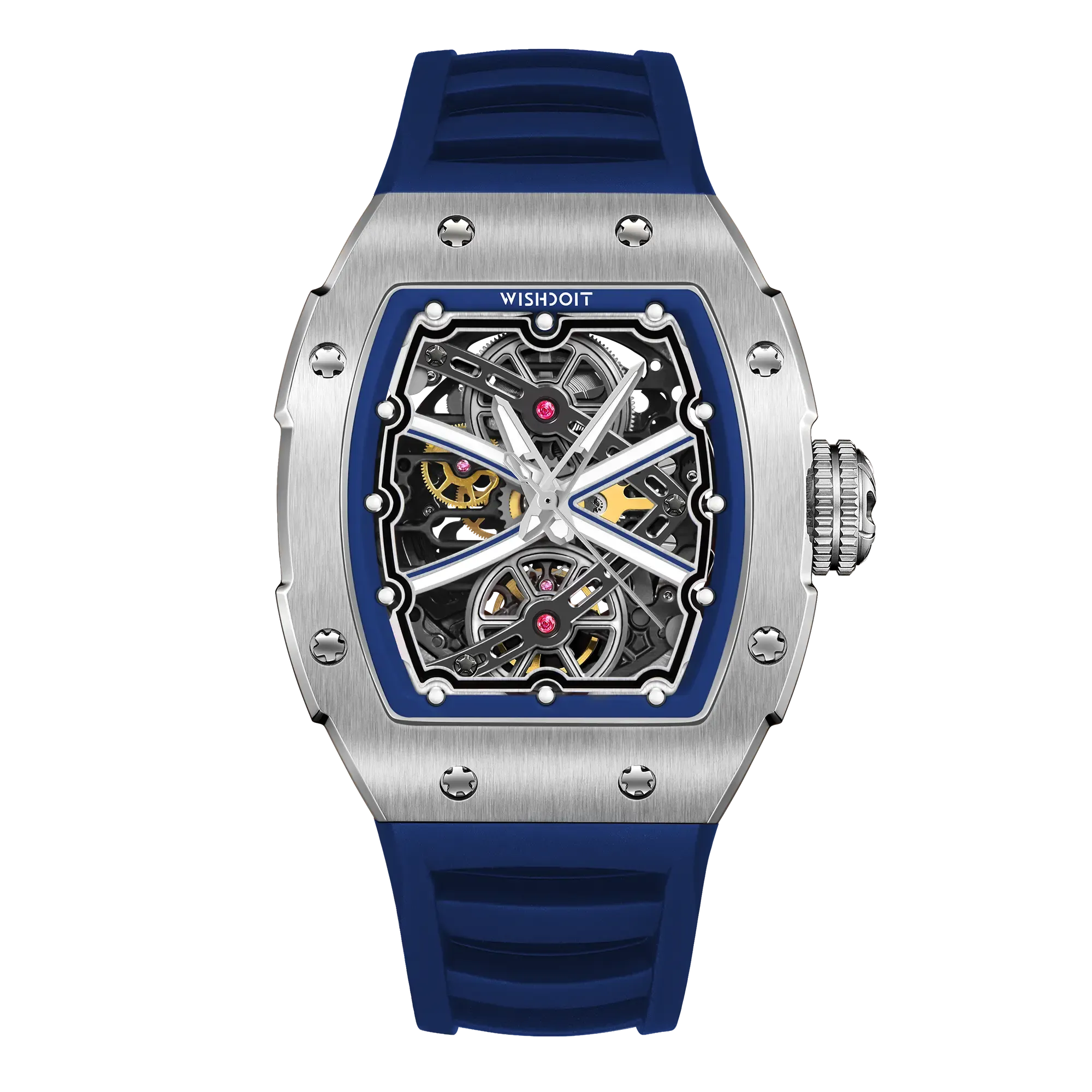 Wishdoit Watches Tonneau Luxury Automatic Mechanical Runway Watch | Fluorine Rubber Watch Strap|Silvery (Blue Strap)