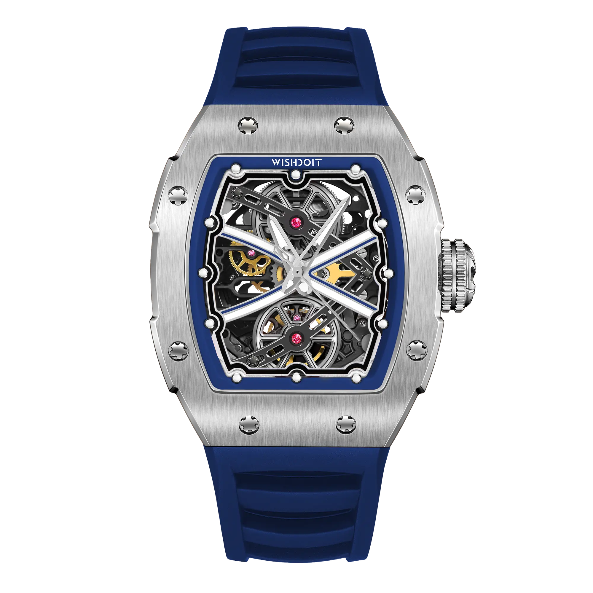 Wishdoit Watches Tonneau Luxury Automatic Mechanical Runway Watch | Fluorine Rubber Watch Strap|Silvery (Blue Strap)