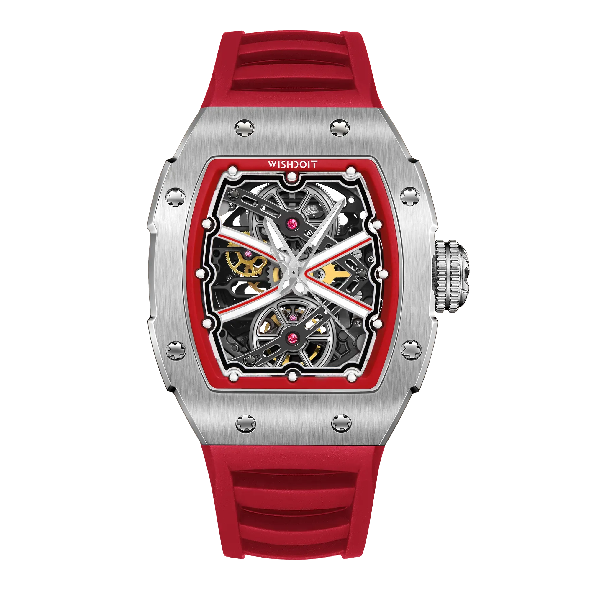 Wishdoit Watches Tonneau Luxury Automatic Mechanical Runway Watch | Fluorine Rubber Watch Strap|Silvery (Red Strap)