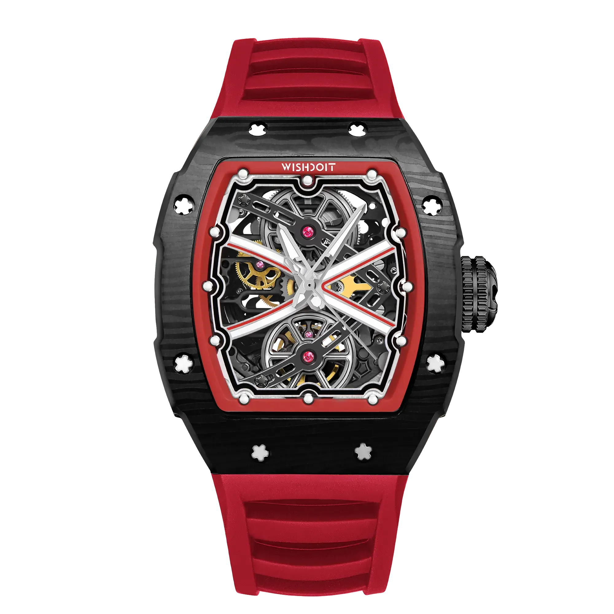 Wishdoit Watches Tonneau Luxury Automatic Mechanical Runway Watch | Fluorine Rubber Watch Strap|Black (Red Strap)