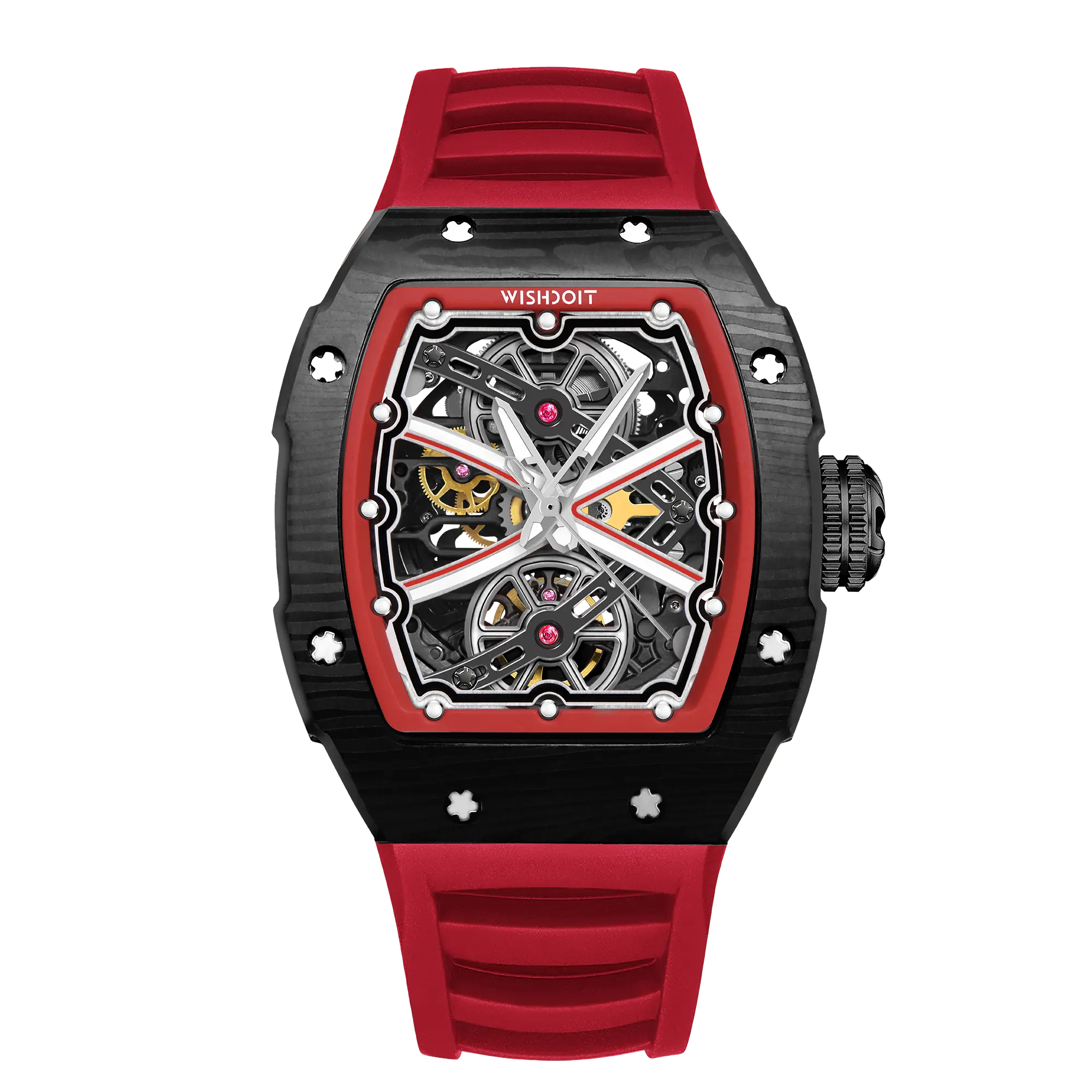 Wishdoit Watches Tonneau Luxury Automatic Mechanical Runway Watch | Fluorine Rubber Watch Strap|Black (Red Strap)