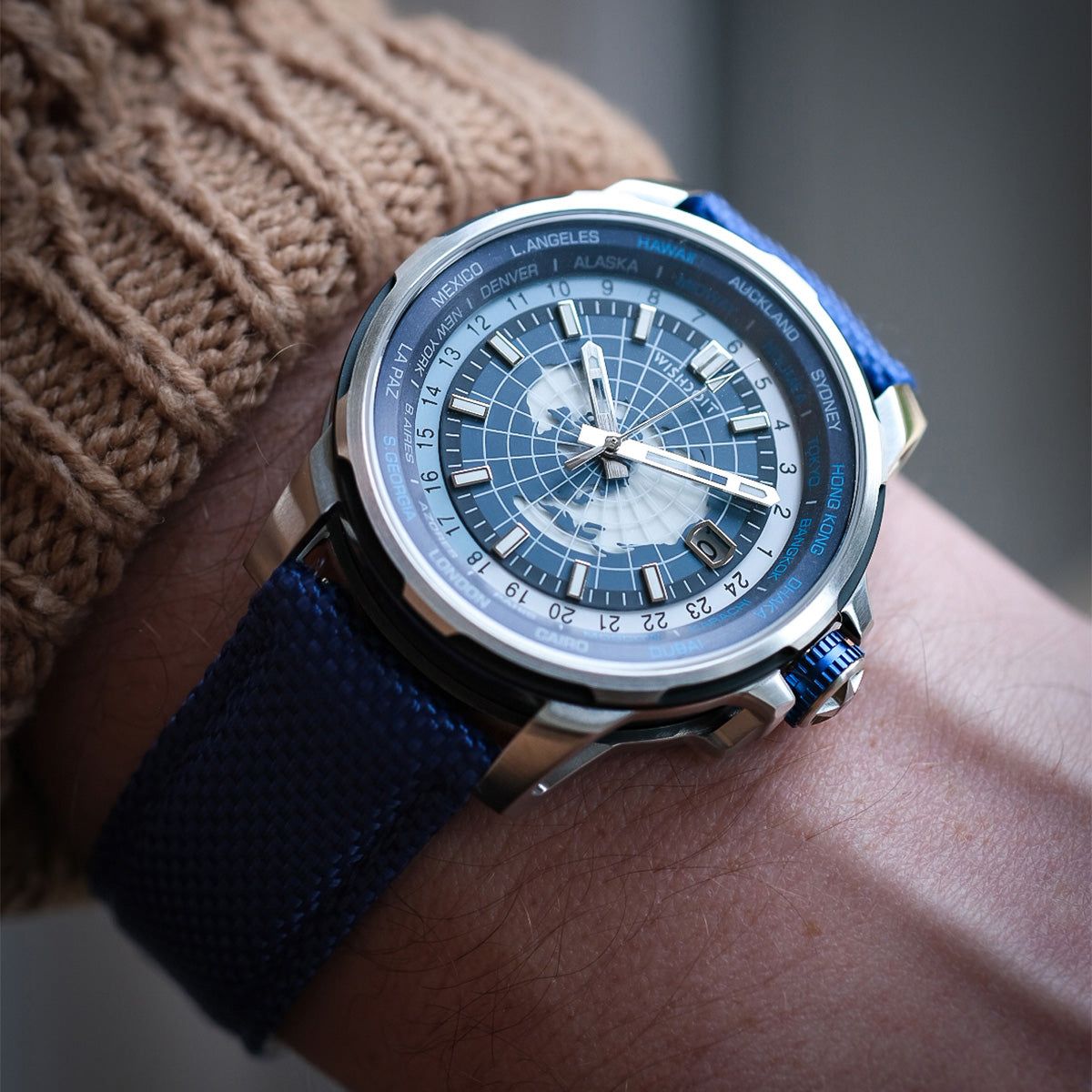 Wishdoit Watches Round Affordable Automatic Mechanical World Time GMT Sapphire Watch | Nylon Genuine Leather Watch Strap| Silvery (Blue Strap)