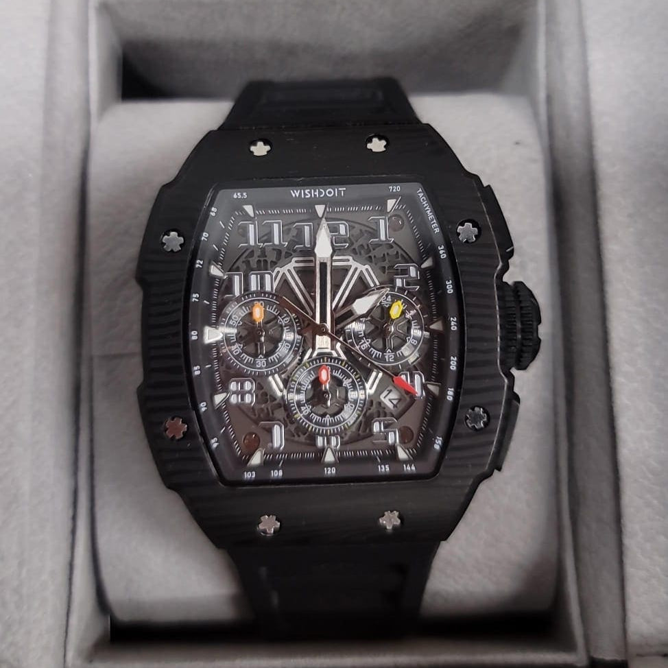 Wishdoit Watches Tonneau AffordableBest Men Chronograph GT Racing Watch | Fluorine Rubber Watch Strap|Black (Black Strap)