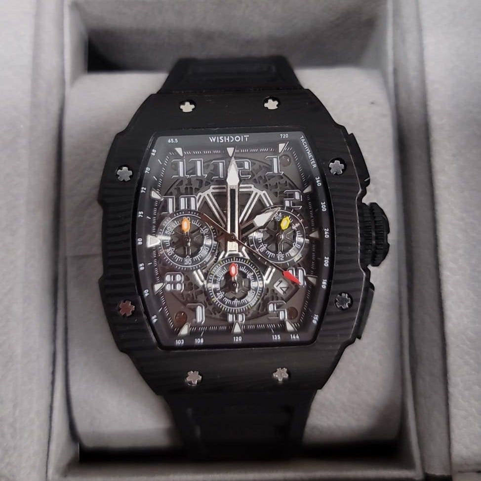 Wishdoit Watches Tonneau AffordableBest Men Chronograph GT Racing Watch | Fluorine Rubber Watch Strap|Black (Black Strap)