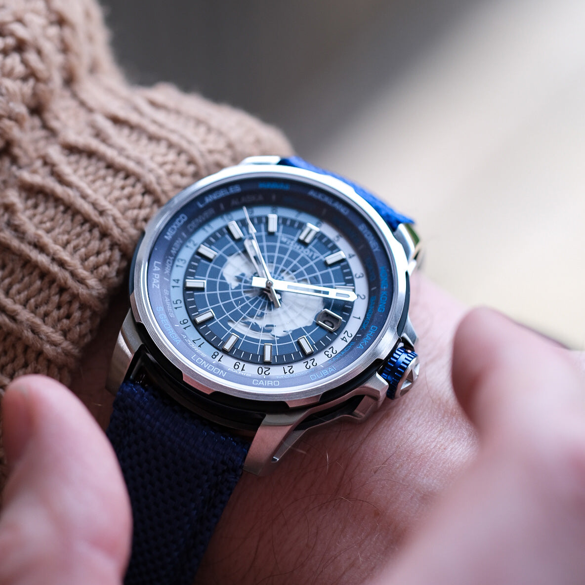 Wishdoit Watches Round Affordable Automatic Mechanical World Time GMT Sapphire Watch | Nylon Genuine Leather Watch Strap| Silvery (Blue Strap)