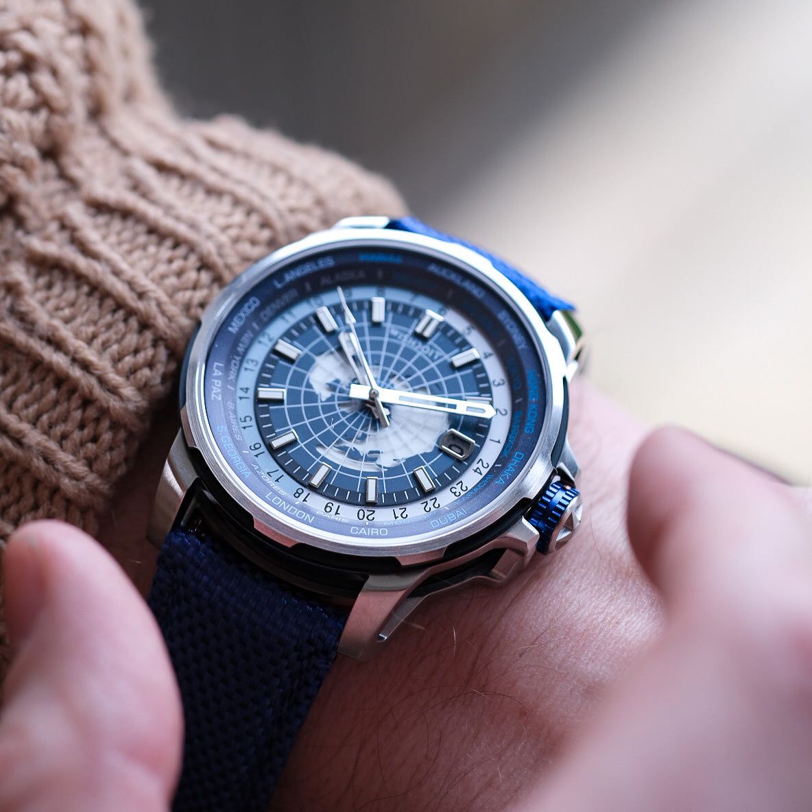 Wishdoit Watches Round Affordable Automatic Mechanical World Time GMT Sapphire Watch | Nylon Genuine Leather Watch Strap| Silvery (Blue Strap)