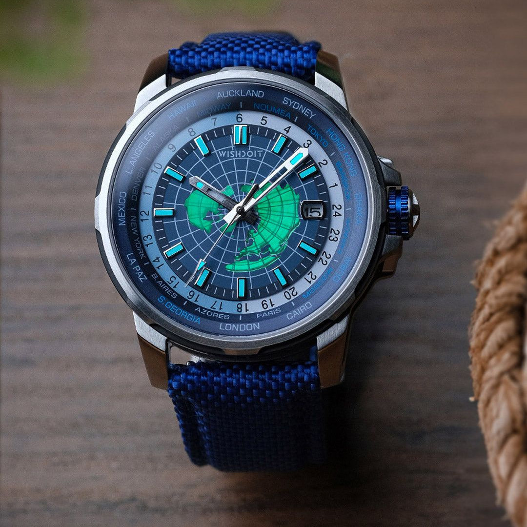 Wishdoit Watches Round Affordable Automatic Mechanical World Time GMT Sapphire Watch | Nylon Genuine Leather Watch Strap| Silvery (Blue Strap)