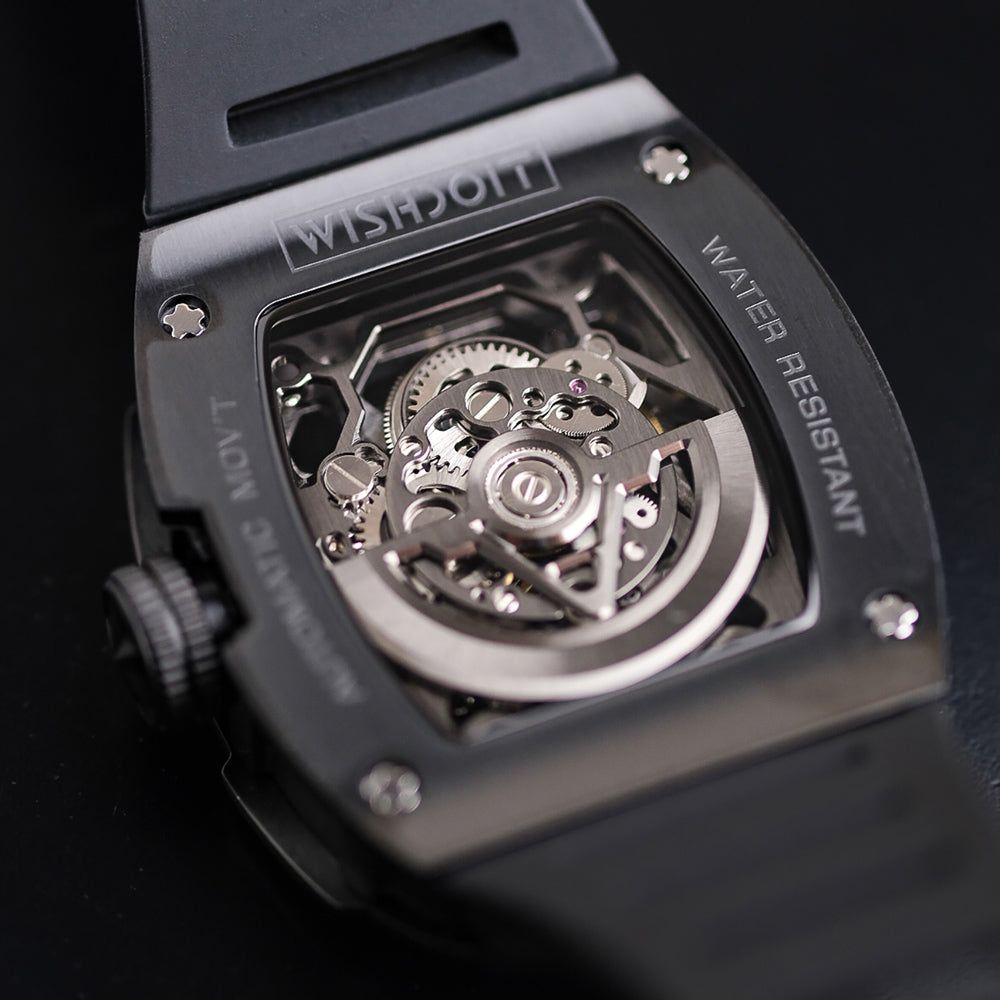 Wishdoit Watches Tonneau Luxury Automatic Mechanical Aerial Prism Skeleton watch | Fluorine Rubber Watch Strap|Silvery
