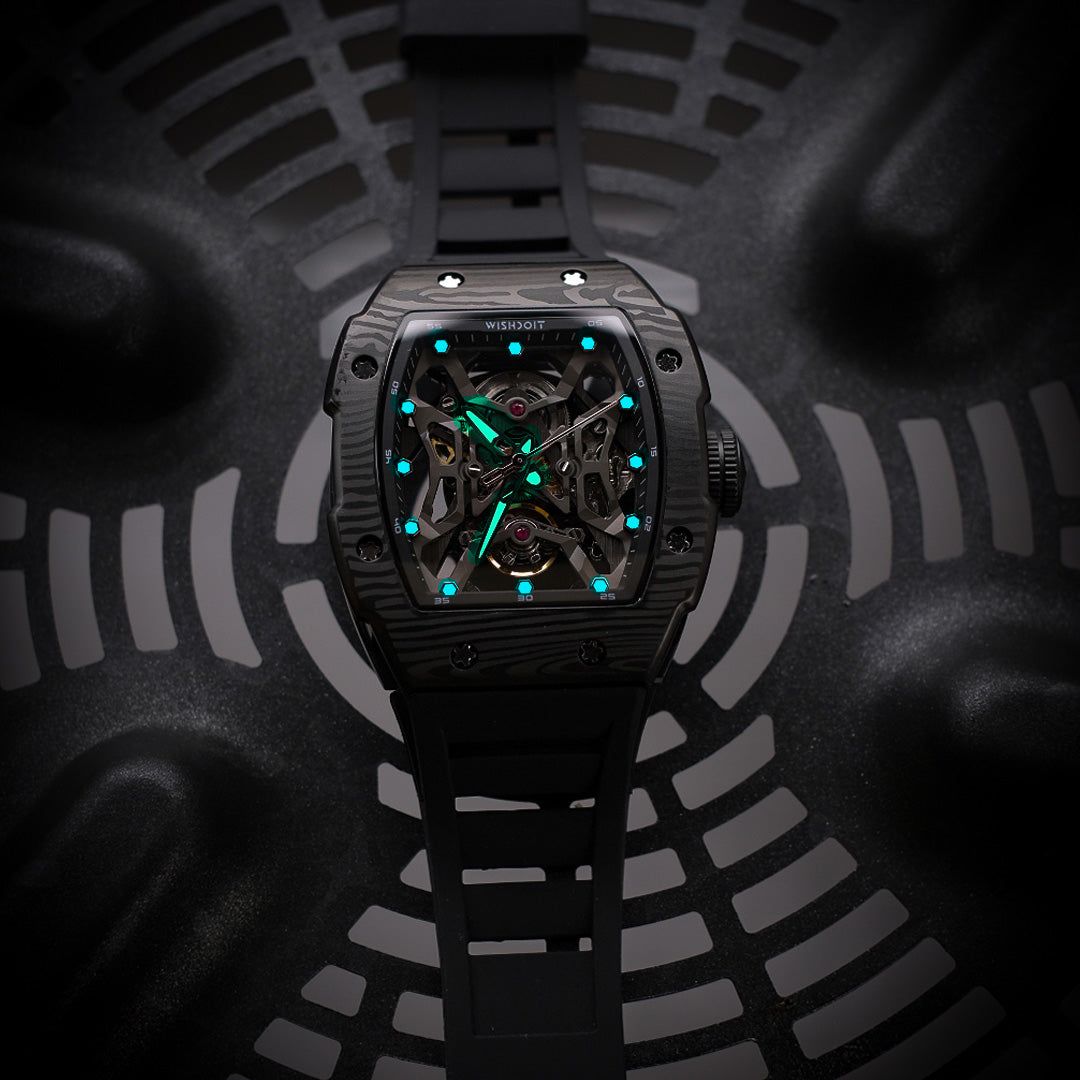 Wishdoit Watches Tonneau Luxury Automatic Mechanical Aerial Prism Skeleton watch | Fluorine Rubber Watch Strap|Black (Black Strap)