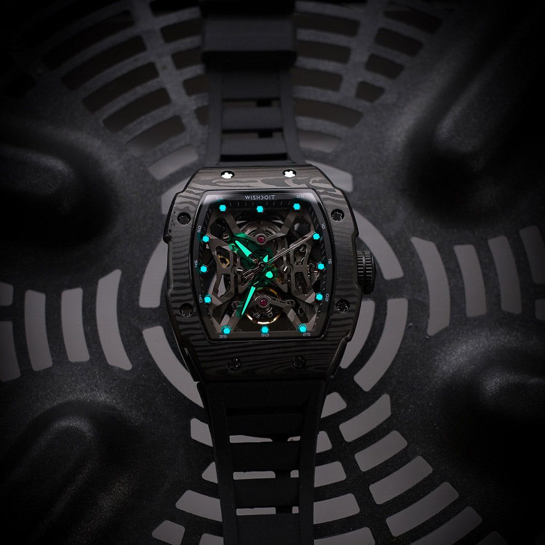 Wishdoit Watches Tonneau Luxury Automatic Mechanical Aerial Prism Skeleton watch | Fluorine Rubber Watch Strap|Black (Black Strap)