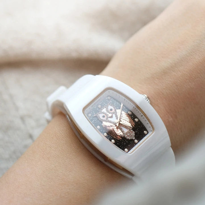 Wishdoit Watches Tonneau Affordable Best Women Chronograph l Owl Women's Ceramic Watches|Starry Dial|Fluorine Rubber Watch StraplWhite (White Strap)
