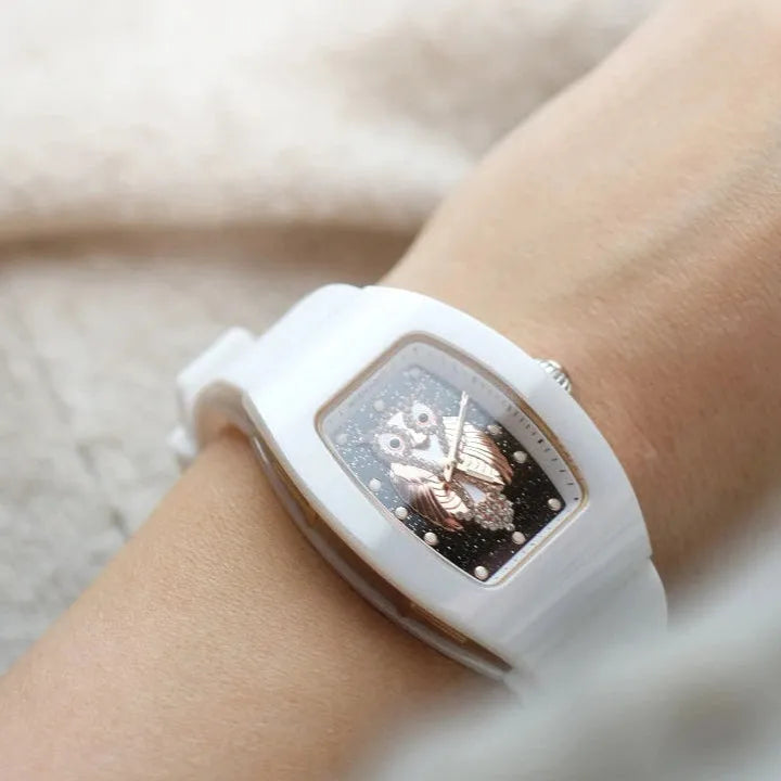 Wishdoit Watches Tonneau Affordable Best Women Chronograph l Owl Women's Ceramic Watches|Starry Dial|Fluorine Rubber Watch StraplWhite (White Strap)