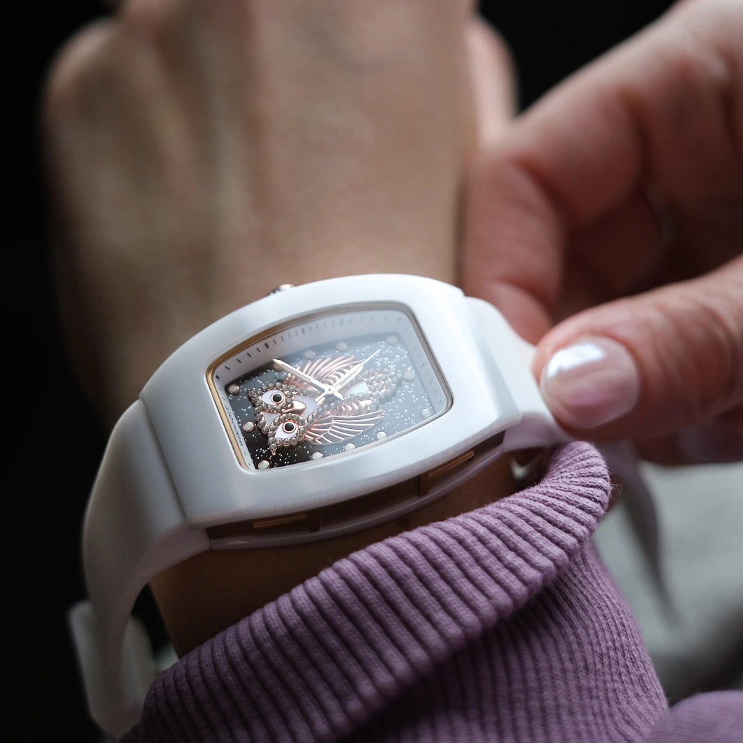 Wishdoit Watches Tonneau Affordable Best Women Chronograph l Owl Women's Ceramic Watches|Starry Dial|Fluorine Rubber Watch StraplWhite (White Strap)