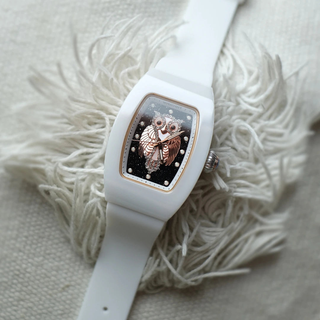 Wishdoit Watches Tonneau Affordable Best Women Chronograph l Owl Women's Ceramic Watches|Starry Dial|Fluorine Rubber Watch StraplWhite (White Strap)