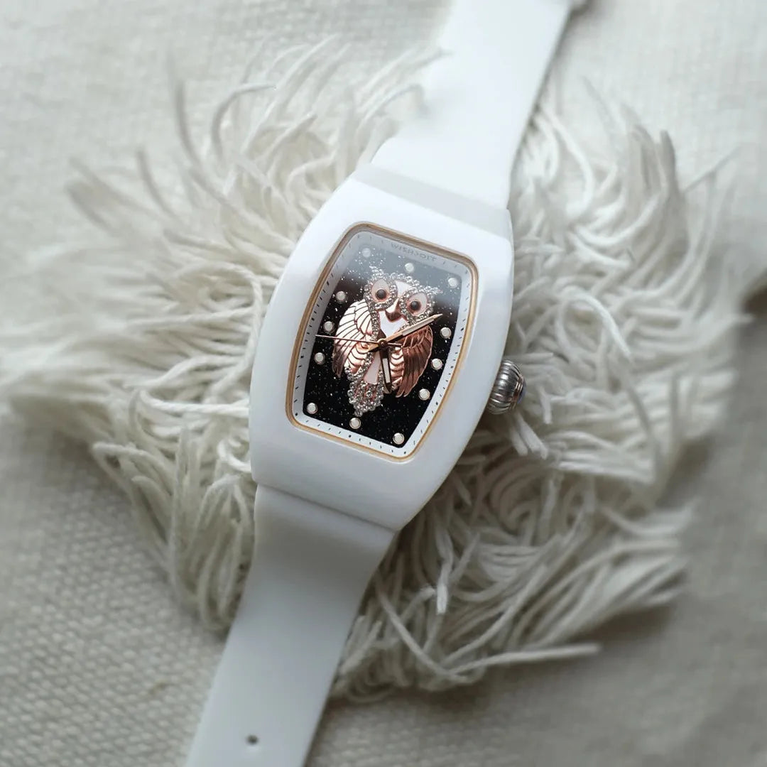 Wishdoit Watches Tonneau Affordable Best Women Chronograph l Owl Women's Ceramic Watches|Starry Dial|Fluorine Rubber Watch StraplWhite (White Strap)