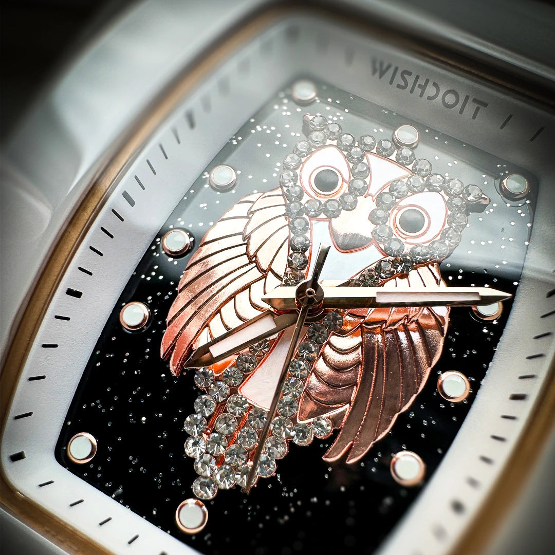 Wishdoit Watches Tonneau Affordable Best Women Chronograph l Owl Women's Ceramic Watches|Starry Dial|Fluorine Rubber Watch StraplWhite (White Strap)