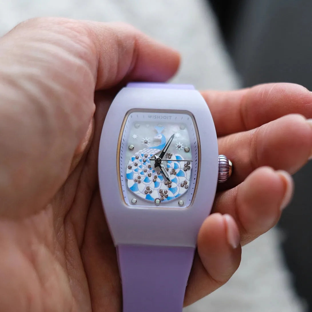 Wishdoit Watches Tonneau Affordable Best Women Chronograph l Peacock Plume Women's Watch| Fluorine Rubber Watch Strap lPurple (Purple Strap)