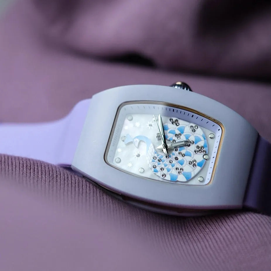 Wishdoit Watches Tonneau Affordable Best Women Chronograph l Peacock Plume Women's Watch| Fluorine Rubber Watch Strap lPurple (Purple Strap)