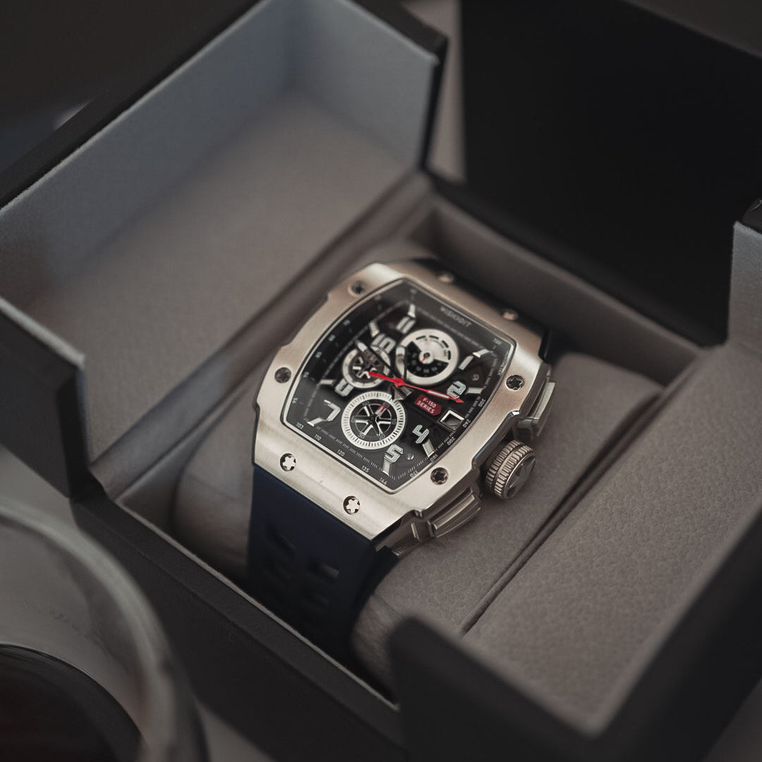 Wishdoit Watches Tonneau Affordable Best Mens Chronograph F-150 Racing Watch | Fluorine Rubber Watch Strap|Silvery