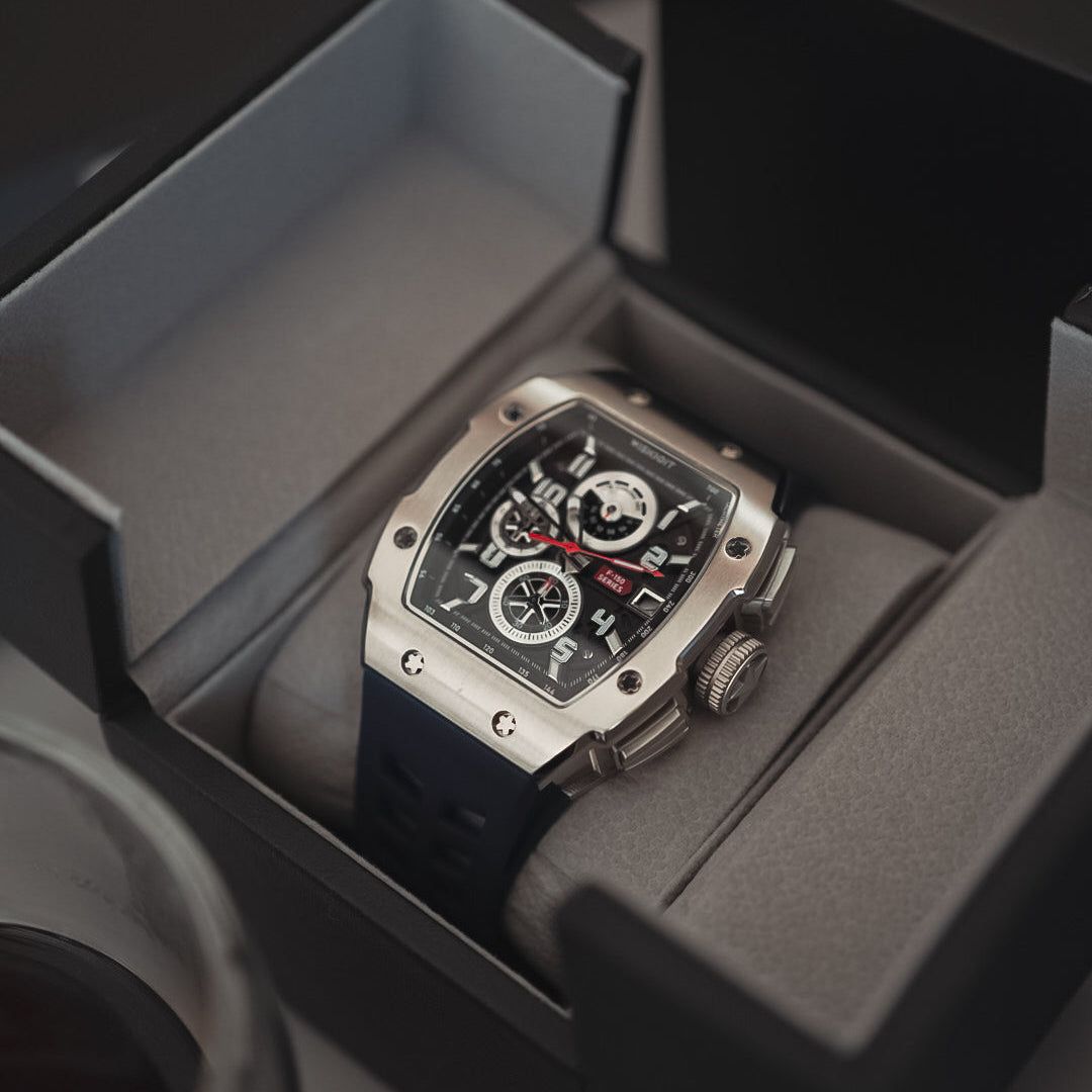 Wishdoit Watches Tonneau Affordable Best Mens Chronograph F-150 Racing Watch | Fluorine Rubber Watch Strap|Silvery