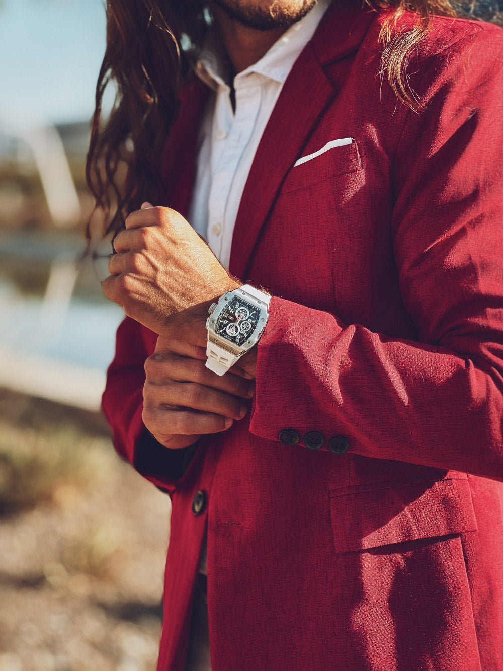  Wishdoit Watches Tonneau Affordable Best Mens Chronograph F-150 Racing Watch | Fluorine Rubber Watch Strap|Silvery(White Strap)