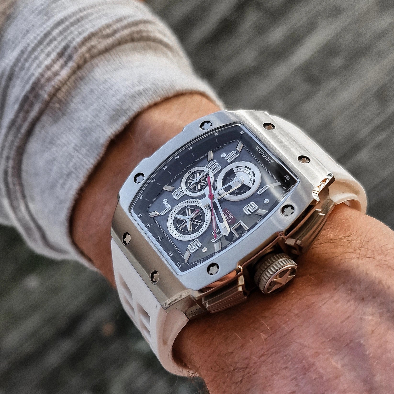 Wishdoit Watches Tonneau Affordable Best Mens Chronograph F-150 Racing Watch | Fluorine Rubber Watch Strap|Silvery(White Strap)