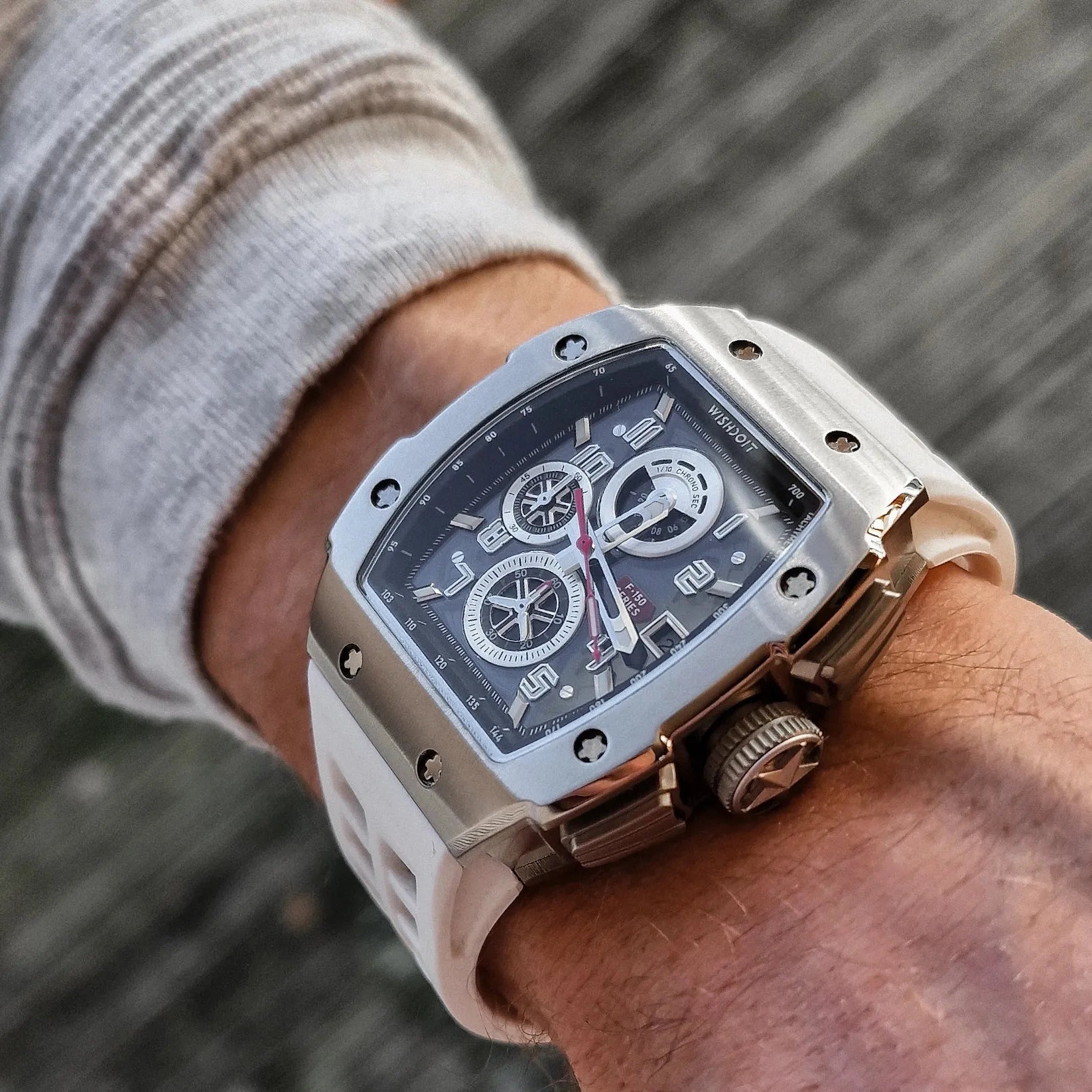 Wishdoit Watches Tonneau Affordable Best Mens Chronograph F-150 Racing Watch | Fluorine Rubber Watch Strap|Silvery(White Strap)