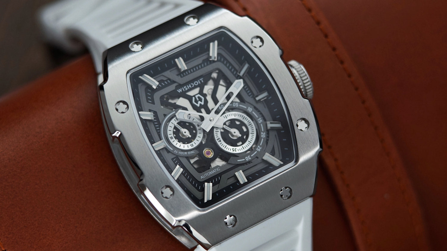  Wishdoit Watches Tonneau Affordable Best Mens Mechanical Full Speed Watch | Fluorine Rubber Watch Strap|Silvery(White Strap)