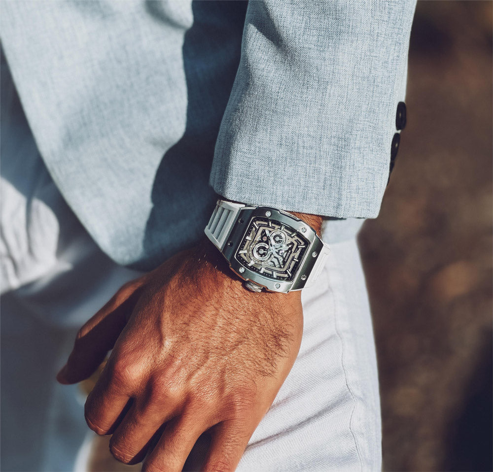 Wishdoit Watches Tonneau Affordable Best Mens Mechanical Full Speed Watch | Fluorine Rubber Watch Strap|Silvery(White Strap)