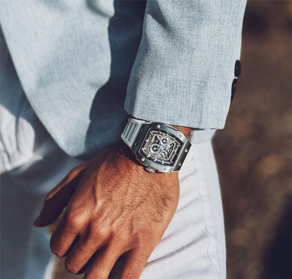 Wishdoit Watches Tonneau Affordable Best Mens Mechanical Full Speed Watch | Fluorine Rubber Watch Strap|Silvery(White Strap)