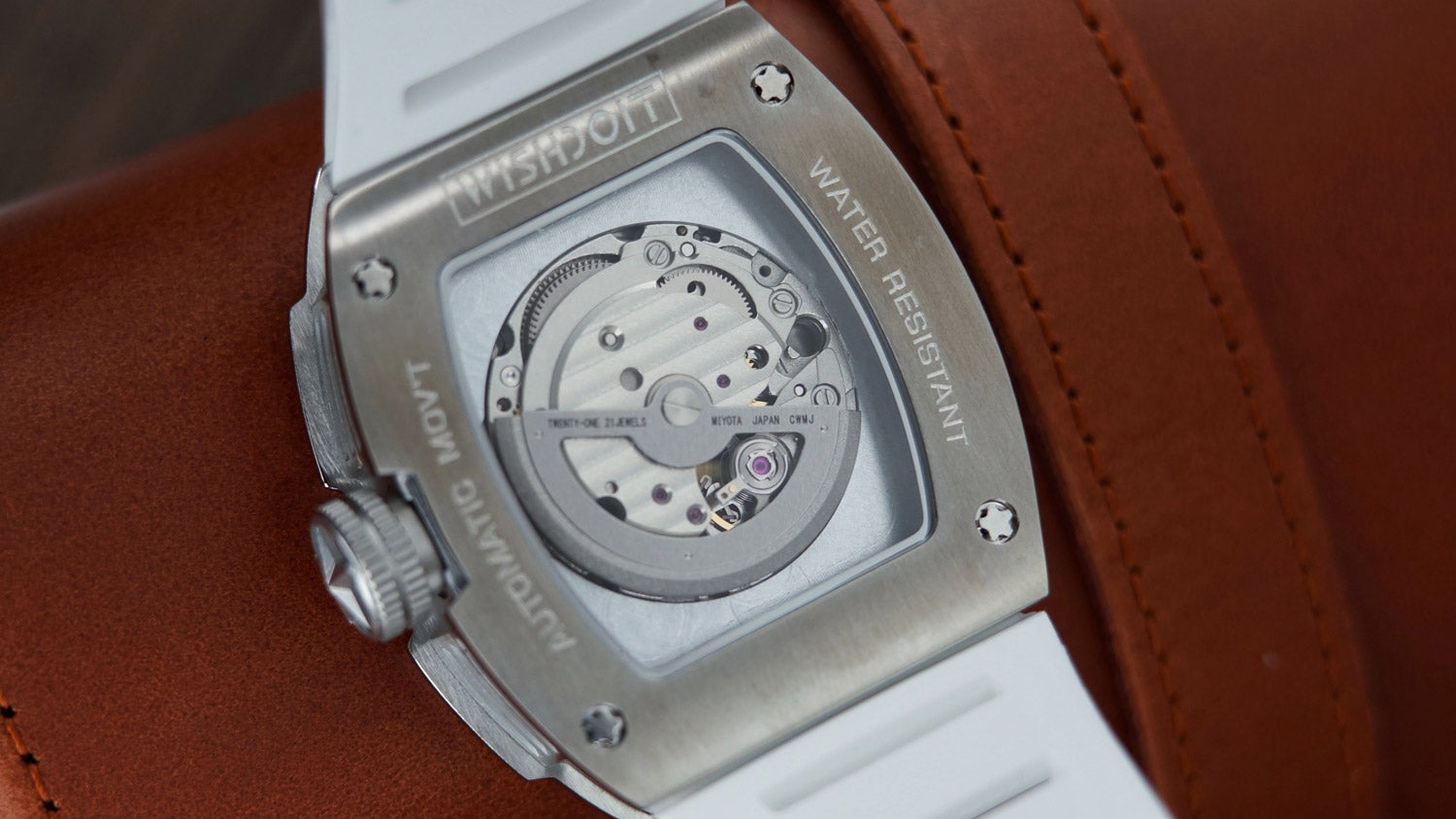 Wishdoit Watches Tonneau Affordable Best Mens Mechanical Full Speed Watch | Fluorine Rubber Watch Strap|Silvery(White Strap)