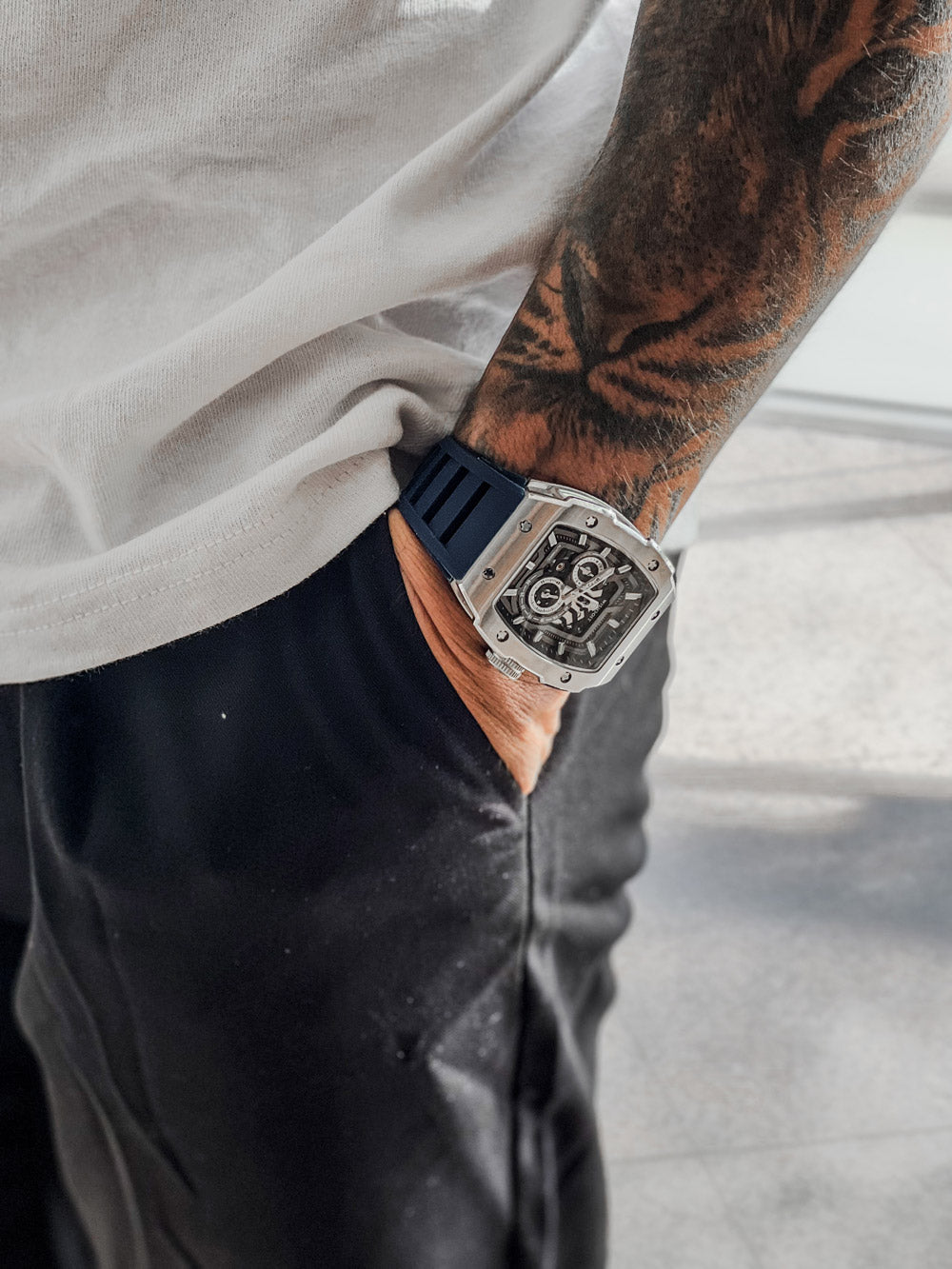Wishdoit Watches Tonneau Affordable Best Mens Mechanical Full Speed Watch | Fluorine Rubber Watch Strap|Silvery (Blue Strap)