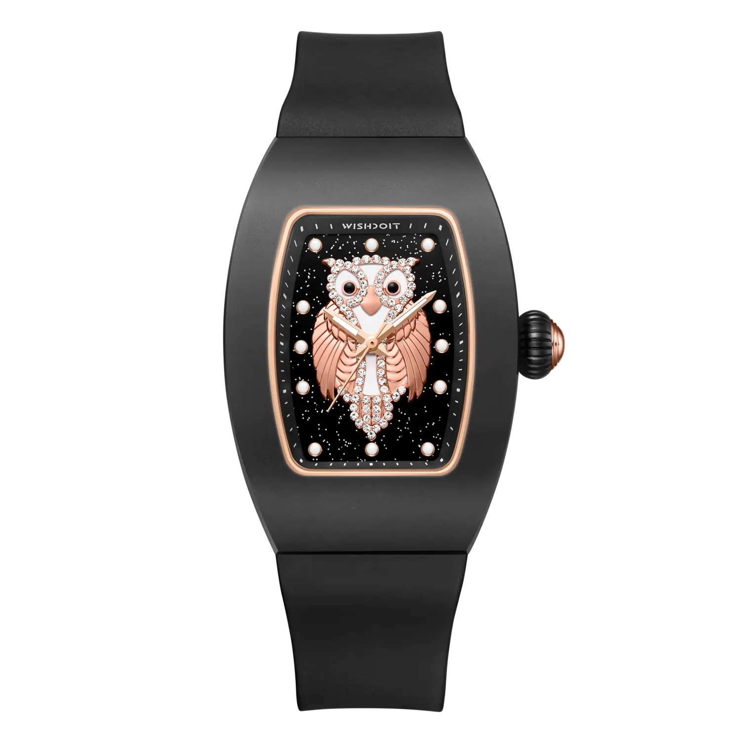 Wishdoit Watches Tonneau Affordable Best Women Chronograph l Owl Women's Ceramic Watches|Starry Dial| Fluorine Rubber Watch StraplBlack(Black Strap)