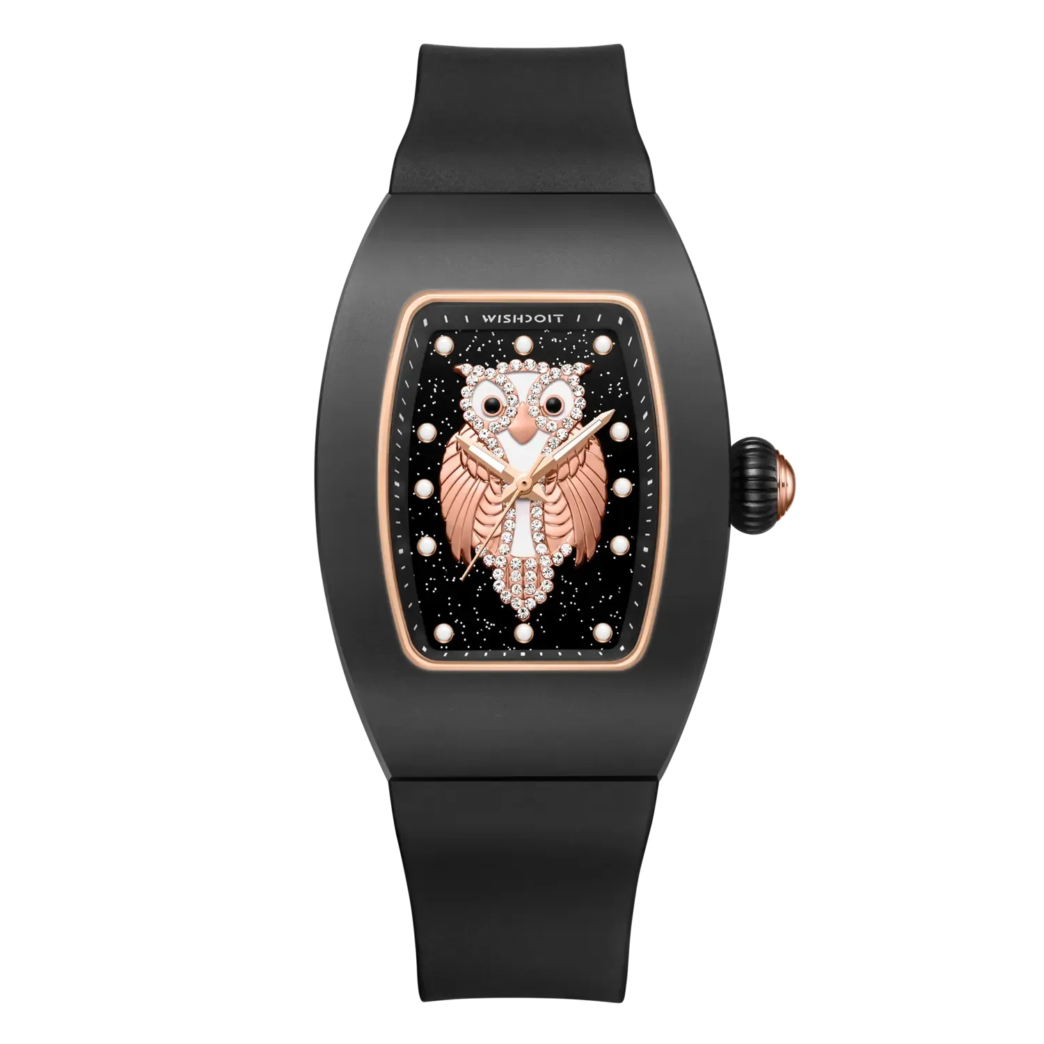 Wishdoit Watches Tonneau Affordable Best Women Chronograph l Owl Women's Ceramic Watches|Starry Dial| Fluorine Rubber Watch StraplBlack(Black Strap)