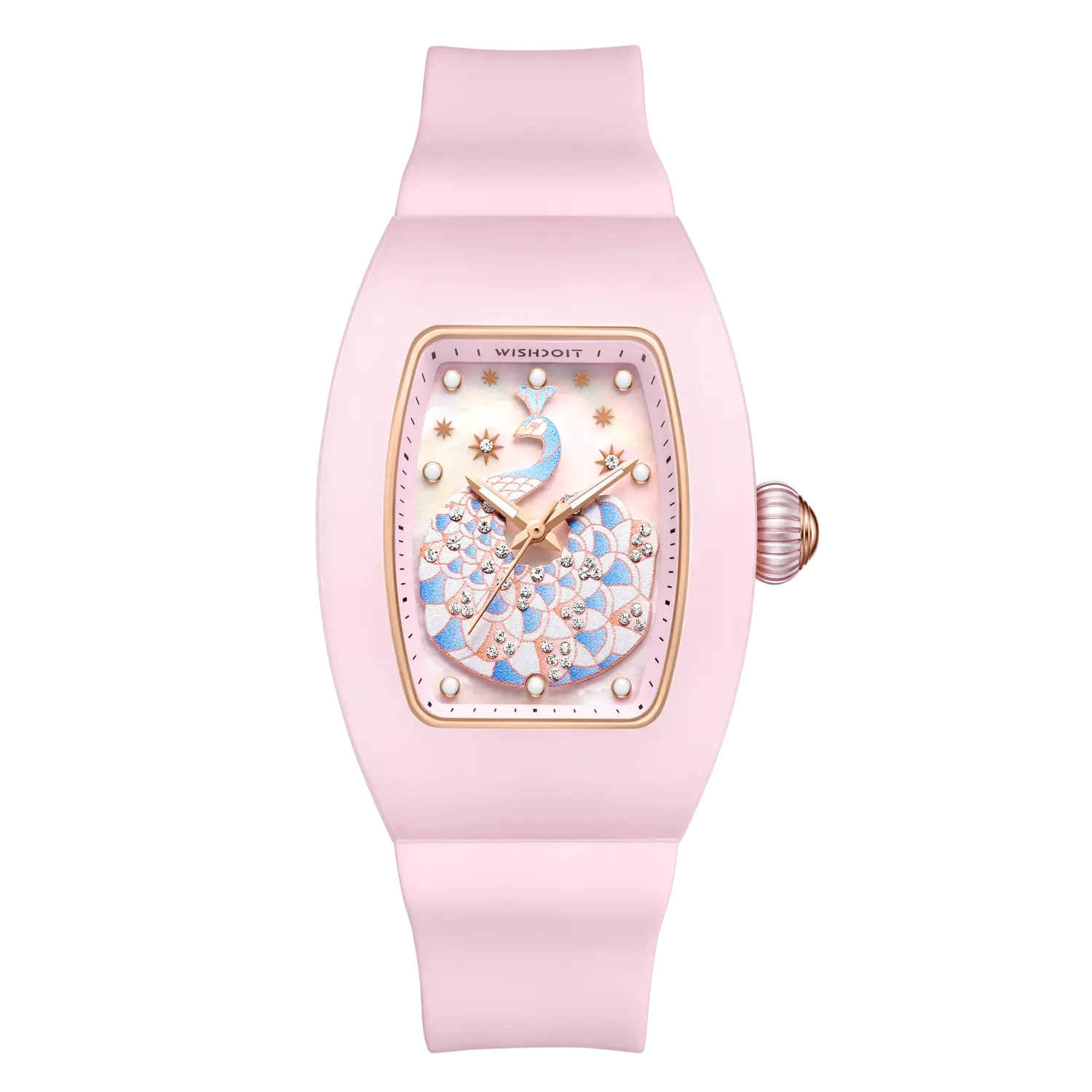 Wishdoit Watches Tonneau Affordable Best Women Chronograph l Peacock Plume Women's Watch| Fluorine Rubber Watch Strap lPink (Pink Strap)