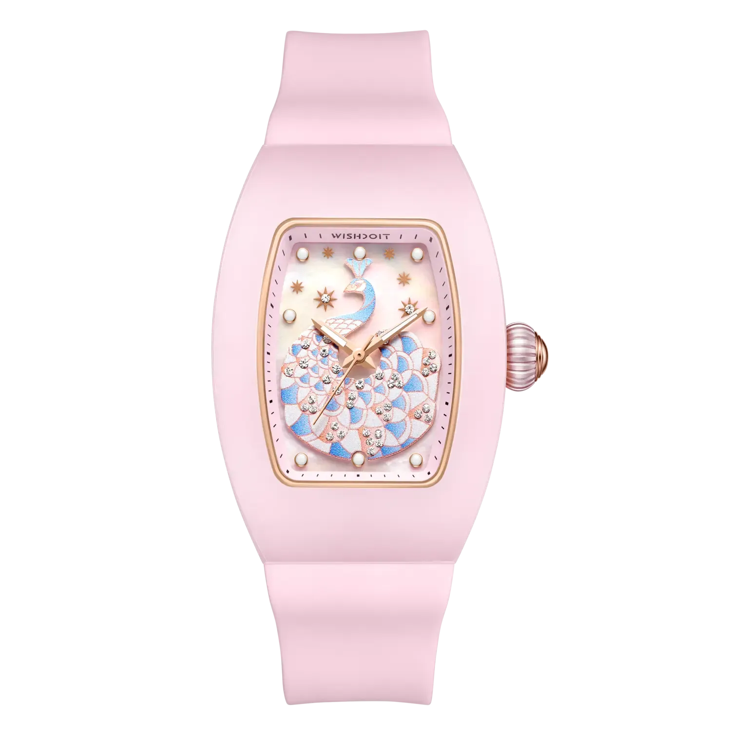 Wishdoit Watches Tonneau Affordable Best Women Chronograph l Peacock Plume Women's Watch| Fluorine Rubber Watch Strap lPink (Pink Strap)